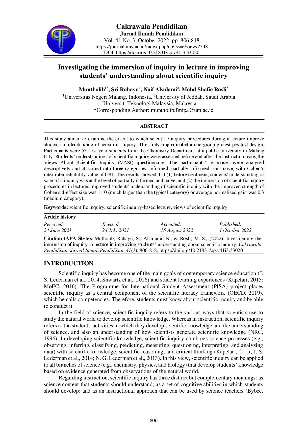 juris Investigating the immersion of inquiry in lecture in improving students understanding about scientific inquiry
