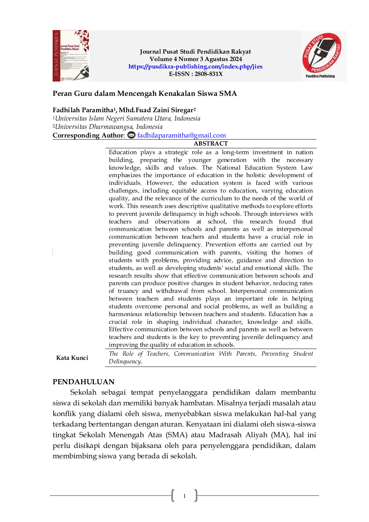 JURIS Peran Guru dalam Mencengah Kenakalan Siswa SMA