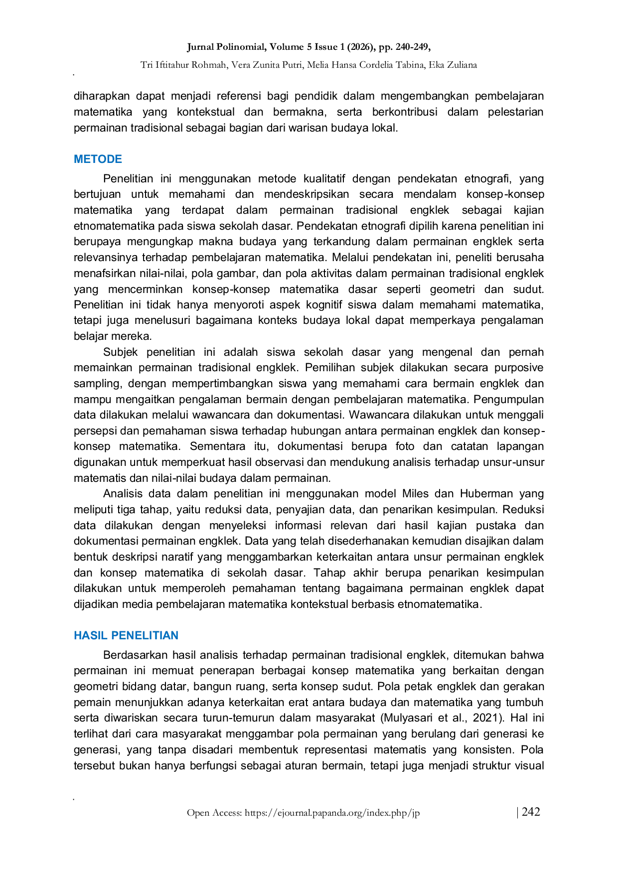 JURIS Analisis Konsep Matematika dalam Permainan Tradisional Engklek Sebagai Kajian Etnomatematika pada Siswa Sekolah Dasar