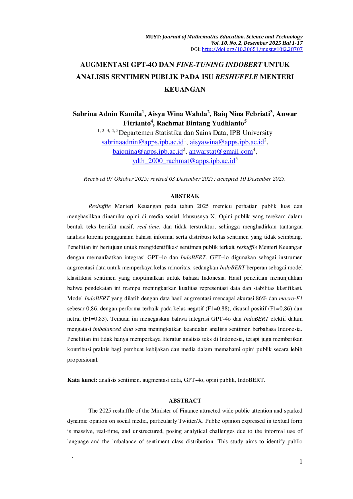 JURIS Augmentasi Gpt 4O Dan Fine Tuning Indobert Untuk Analisis Sentimen Publik Pada Isu Reshuffle Menteri Keuangan