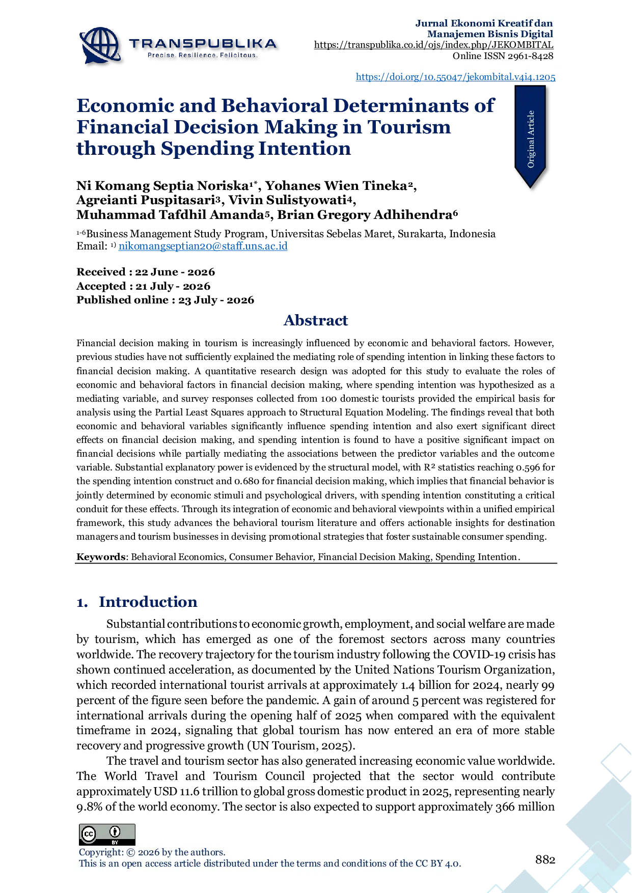 JURIS Economic and Behavioral Determinants of Financial Decision Making in Tourism through Spending Intention