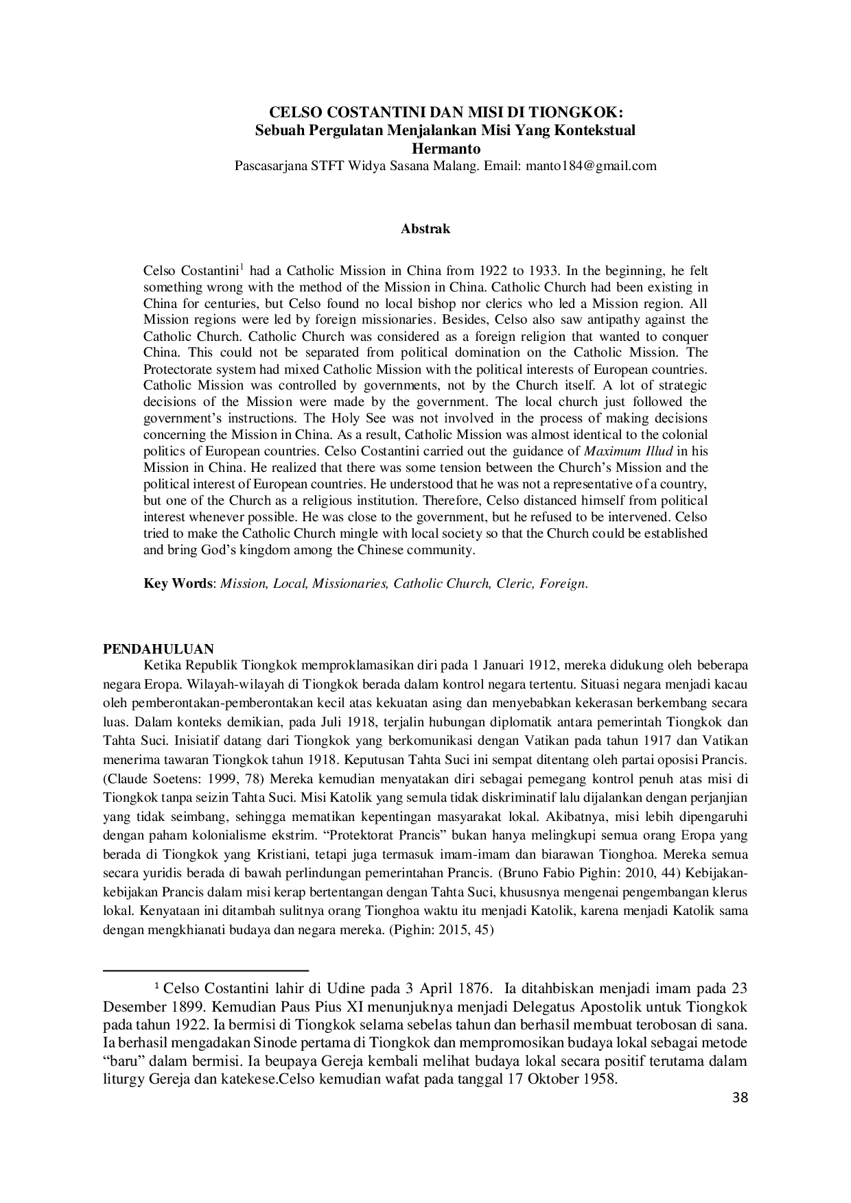 JURIS CELSO COSTANTINI DAN MISI DI TIONGKOK Sebuah Pergulatan Menjalankan Misi Yang Kontekstual