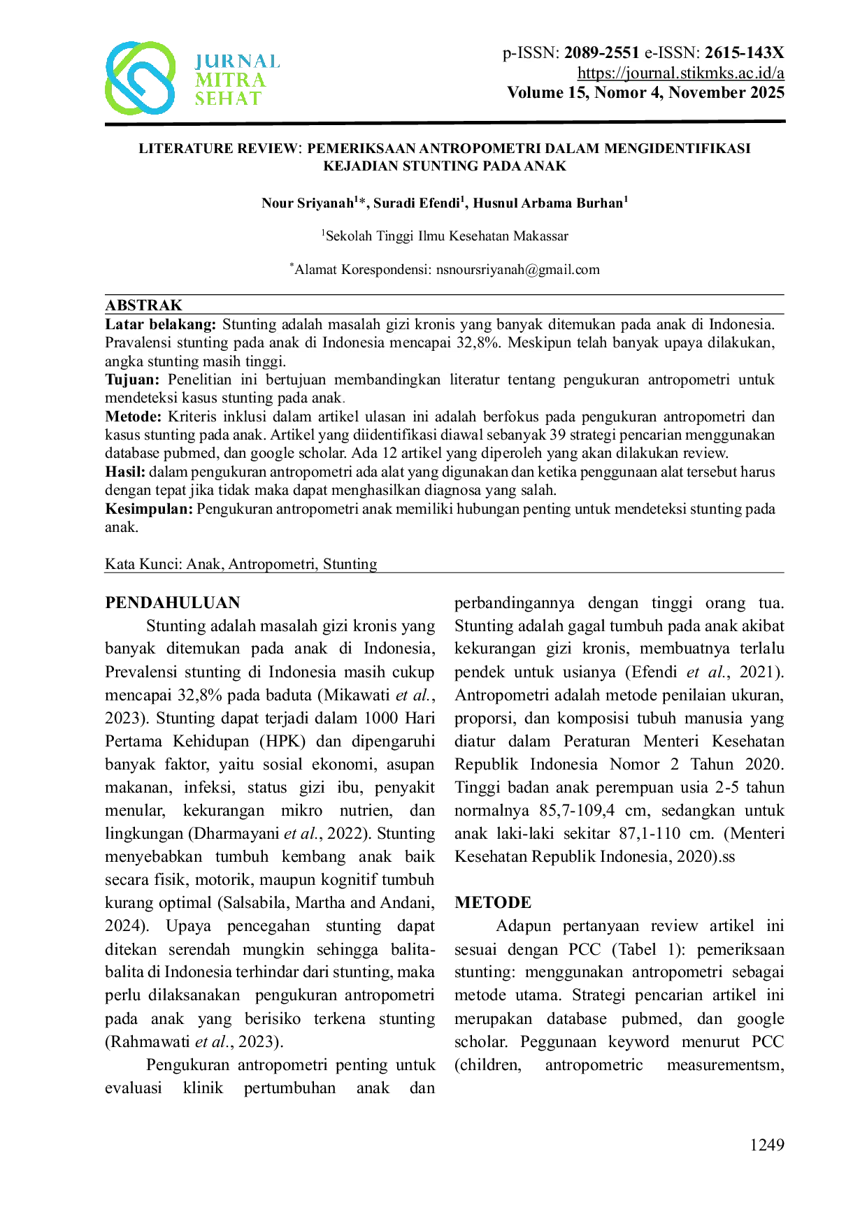 JURIS Literature Review Pemeriksaan Antropometri dalam Mengidentifikasi Kejadian Stunting pada Anak