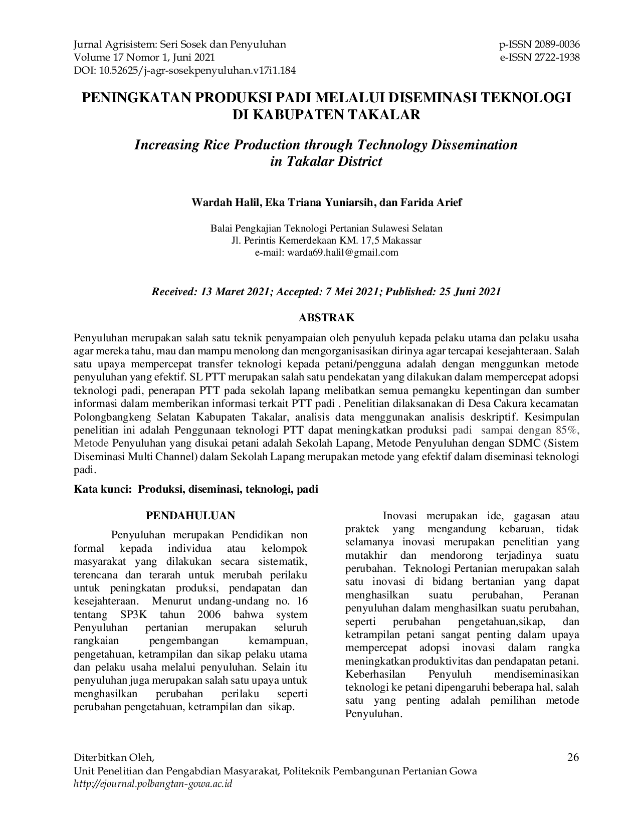 JURIS PENINGKATAN PRODUKSI PADI MELALUI DISEMINASI TEKNOLOGI DI KABUPATEN TAKALAR Increasing Rice Production through Technology Dissemination in Takalar District