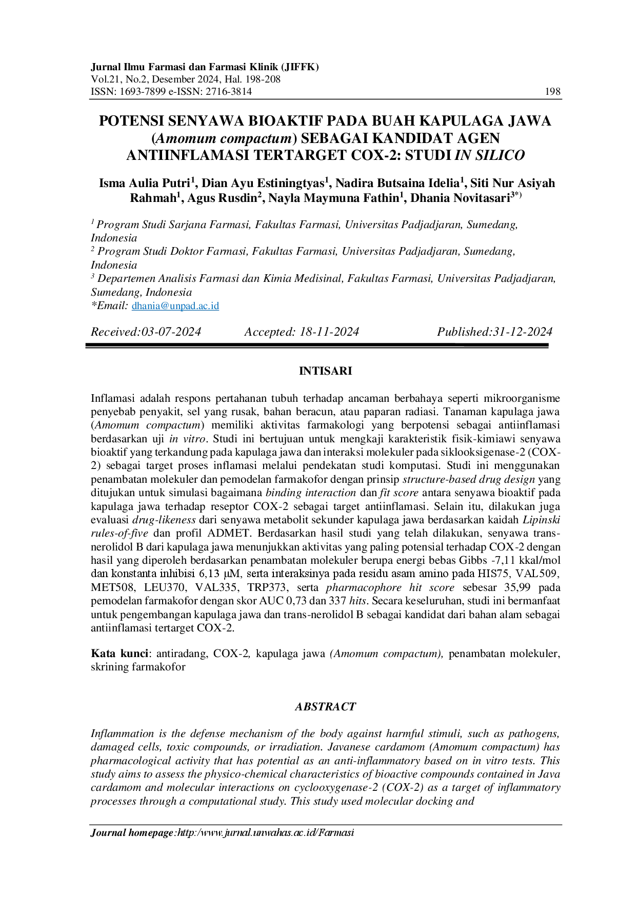 juris Potensi Senyawa Bioaktif Pada Buah Kapulaga Jawa Amomum Compactum Sebagai Kandidat Agen Antiinflamasi Tertarget Cox 2 Studi In Silico