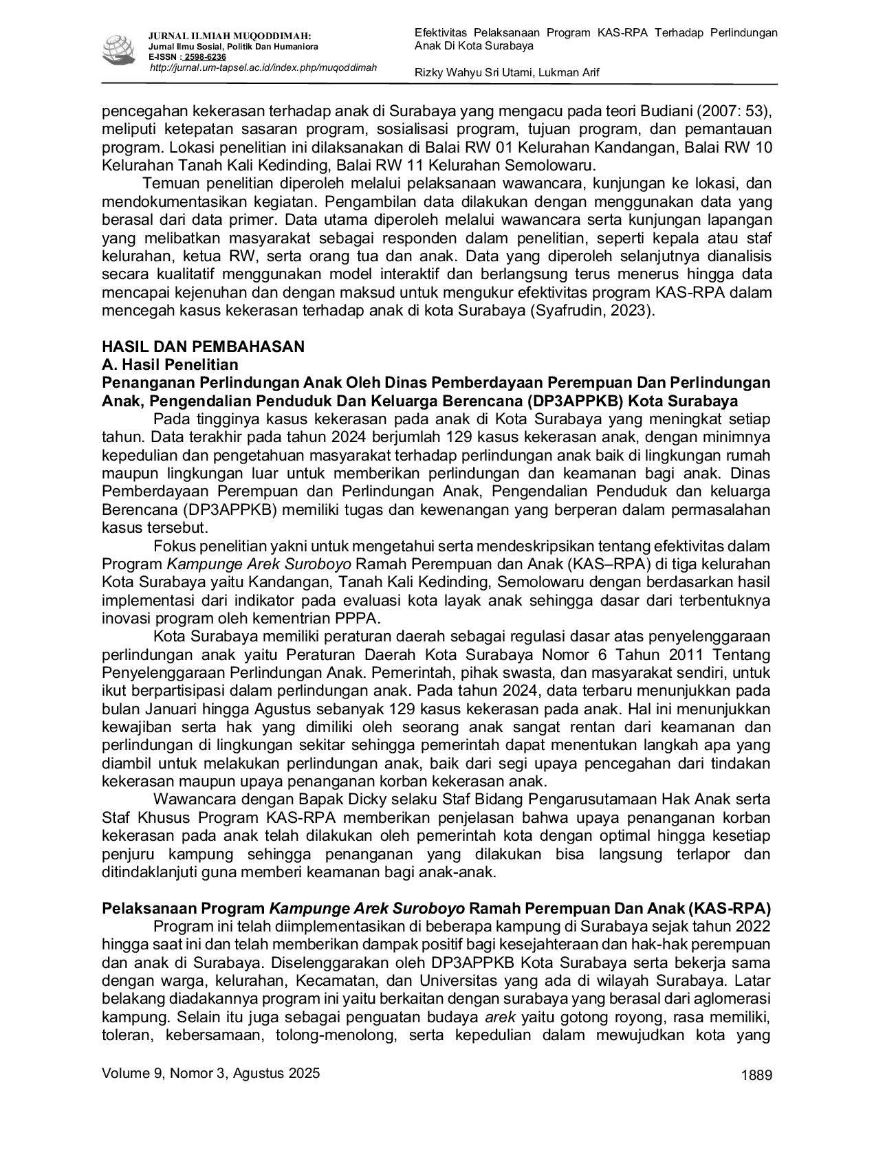 JURIS Efektivitas Pelaksanaan Program KAS RPA Terhadap Perlindungan Anak Di Kota Surabaya
