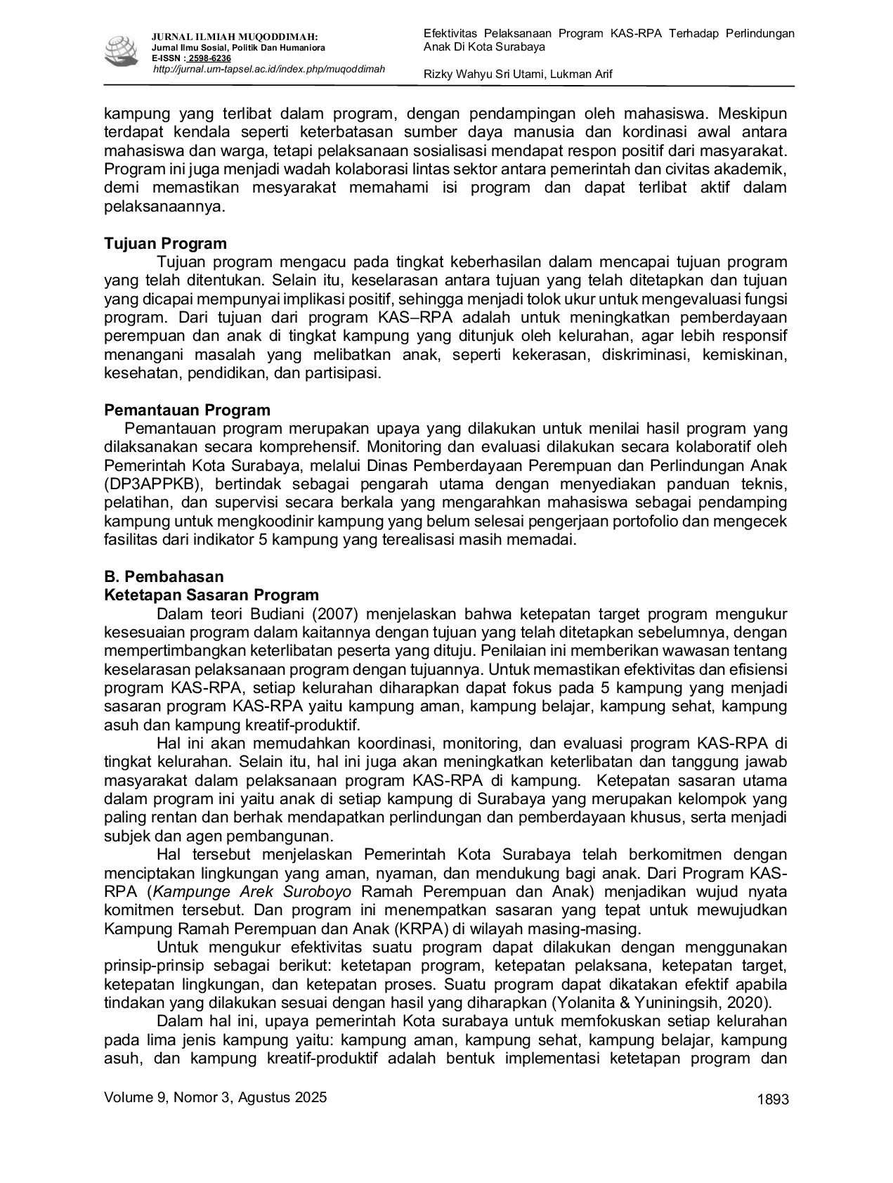 JURIS Efektivitas Pelaksanaan Program KAS RPA Terhadap Perlindungan Anak Di Kota Surabaya