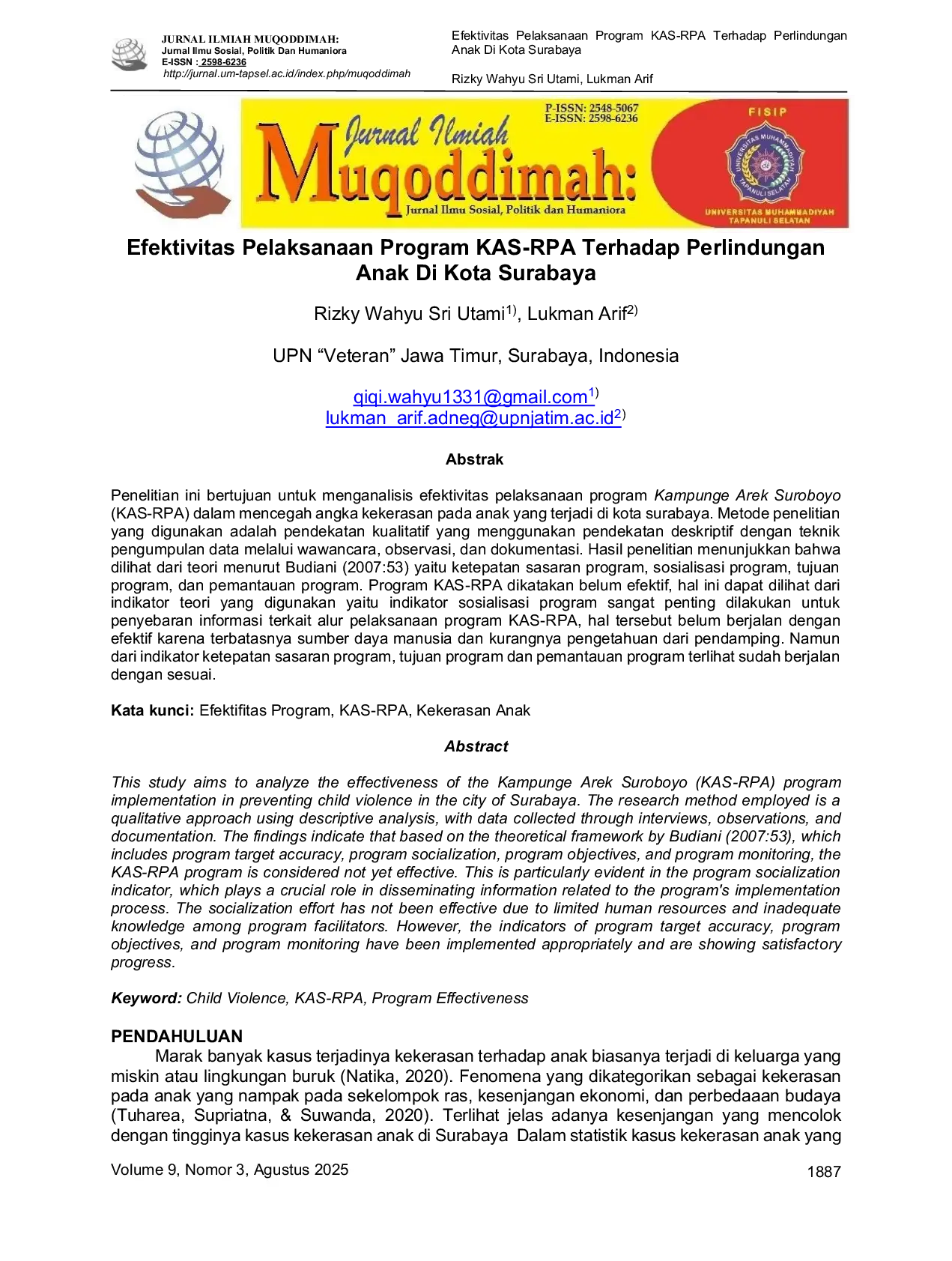 JURIS Efektivitas Pelaksanaan Program KAS RPA Terhadap Perlindungan Anak Di Kota Surabaya