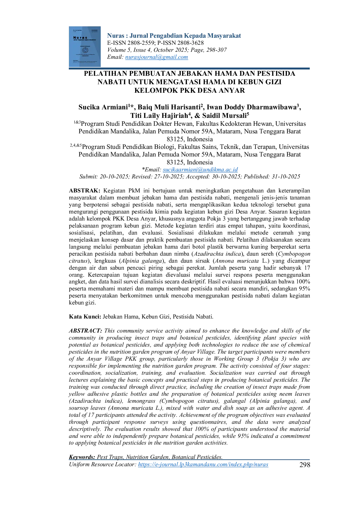 JURIS Pelatihan Pembuatan Jebakan Hama dan Pestisida Nabati untuk Mengatasi Hama di Kebun Gizi Kelompok PKK Desa Anyar