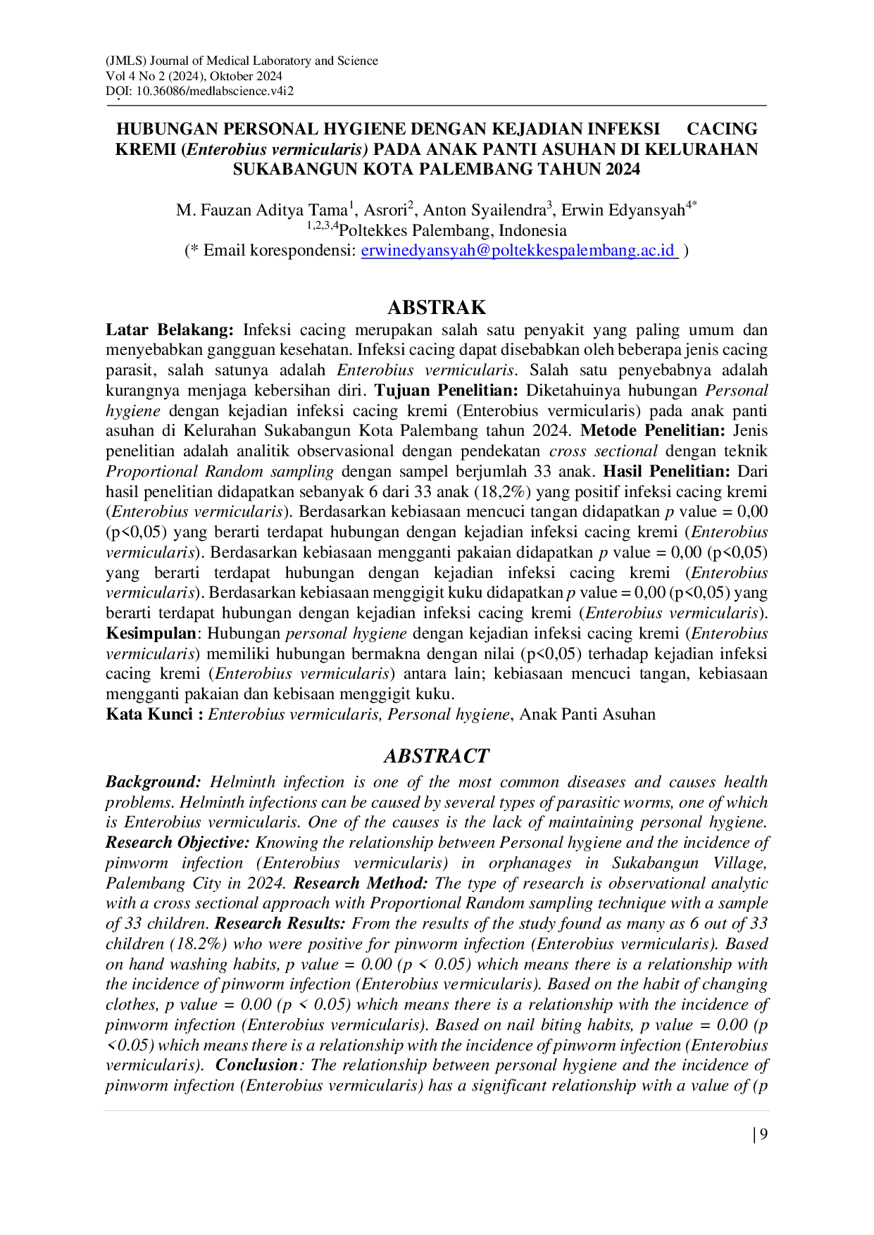 JURIS HUBUNGAN PERSONAL HYGIENE DENGAN KEJADIAN INFEKSI CACING KREMI Enterobius vermicularis PADA ANAK PANTI ASUHAN DI KELURAHAN SUKABANGUN KOTA PALEMBANG TAHUN 2024