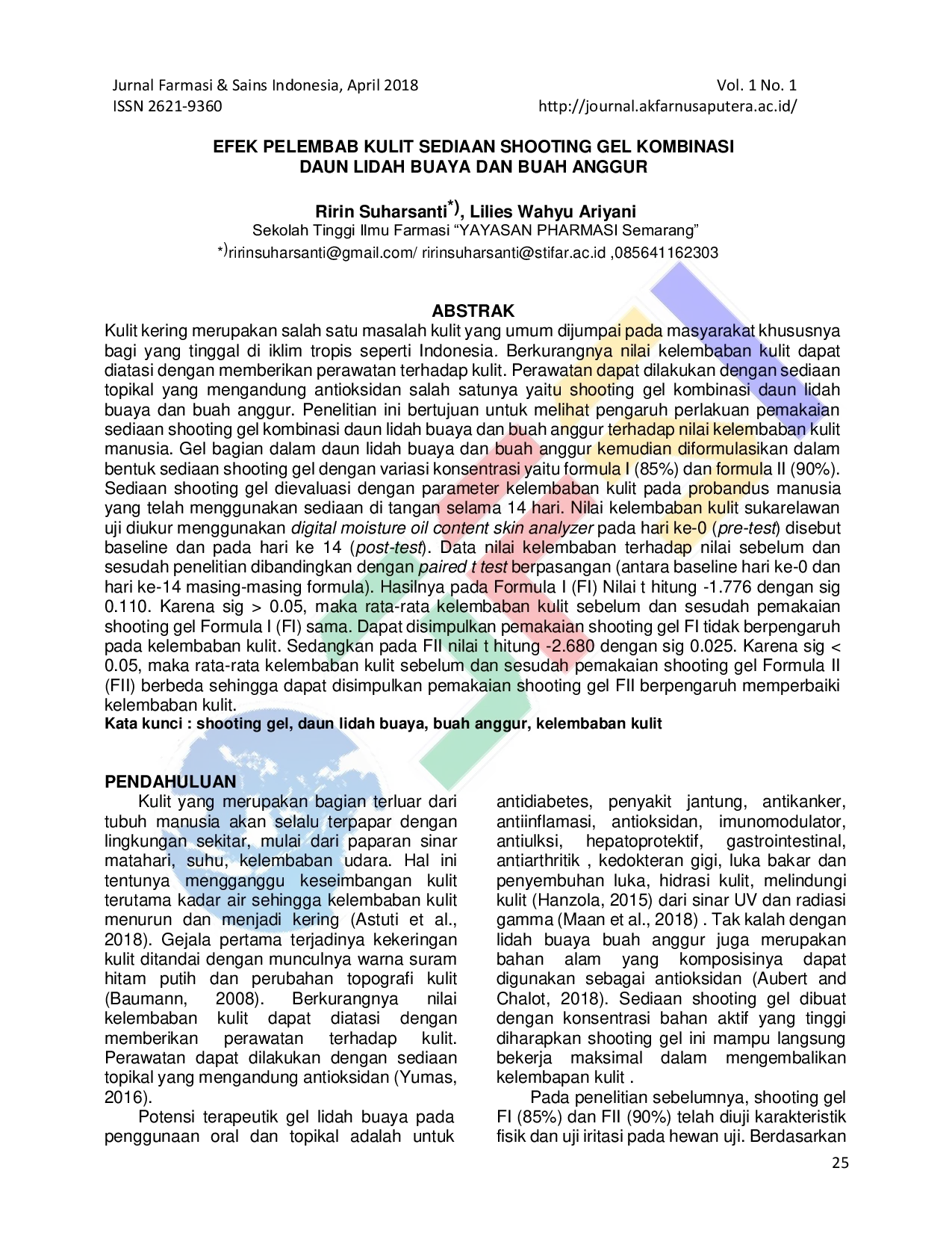 JURIS Efek Pelembab Kulit Sediaan Shooting Gel Kombinasi Daun Lidah Buaya Dan Buah Anggur