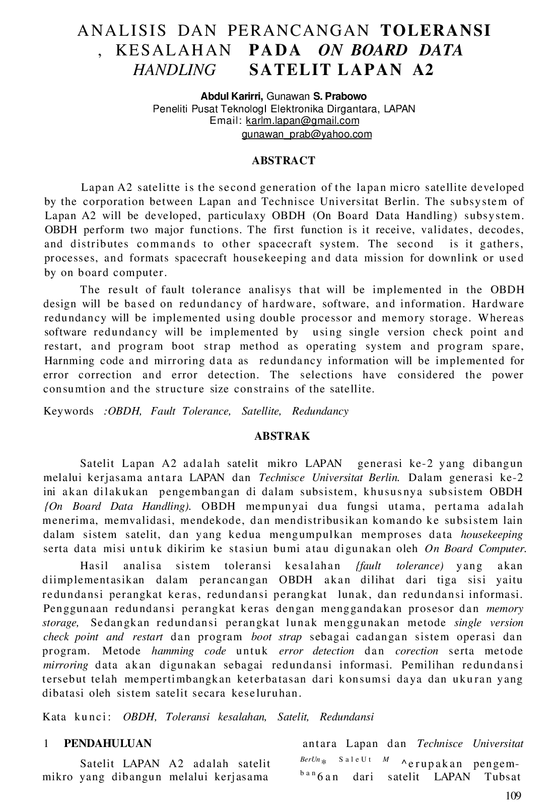 juris Analisis Dan Perancangan Toleransi Kesalahan Pada On Board Data Handling Satelit Lapan A2