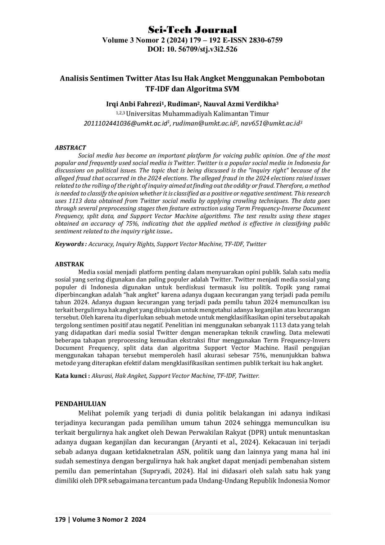 JURIS Analisis Sentimen Twitter Atas Isu Hak Angket Menggunakan Pembobotan TF IDF dan Algoritma SVM