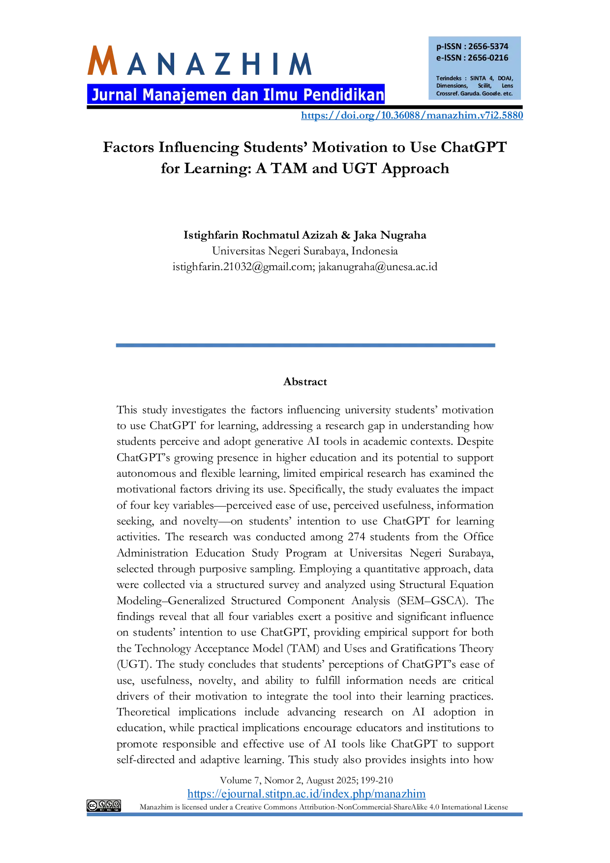 JURIS Factors Influencing Students Motivation to Use ChatGPT for Learning A TAM and UGT Approach