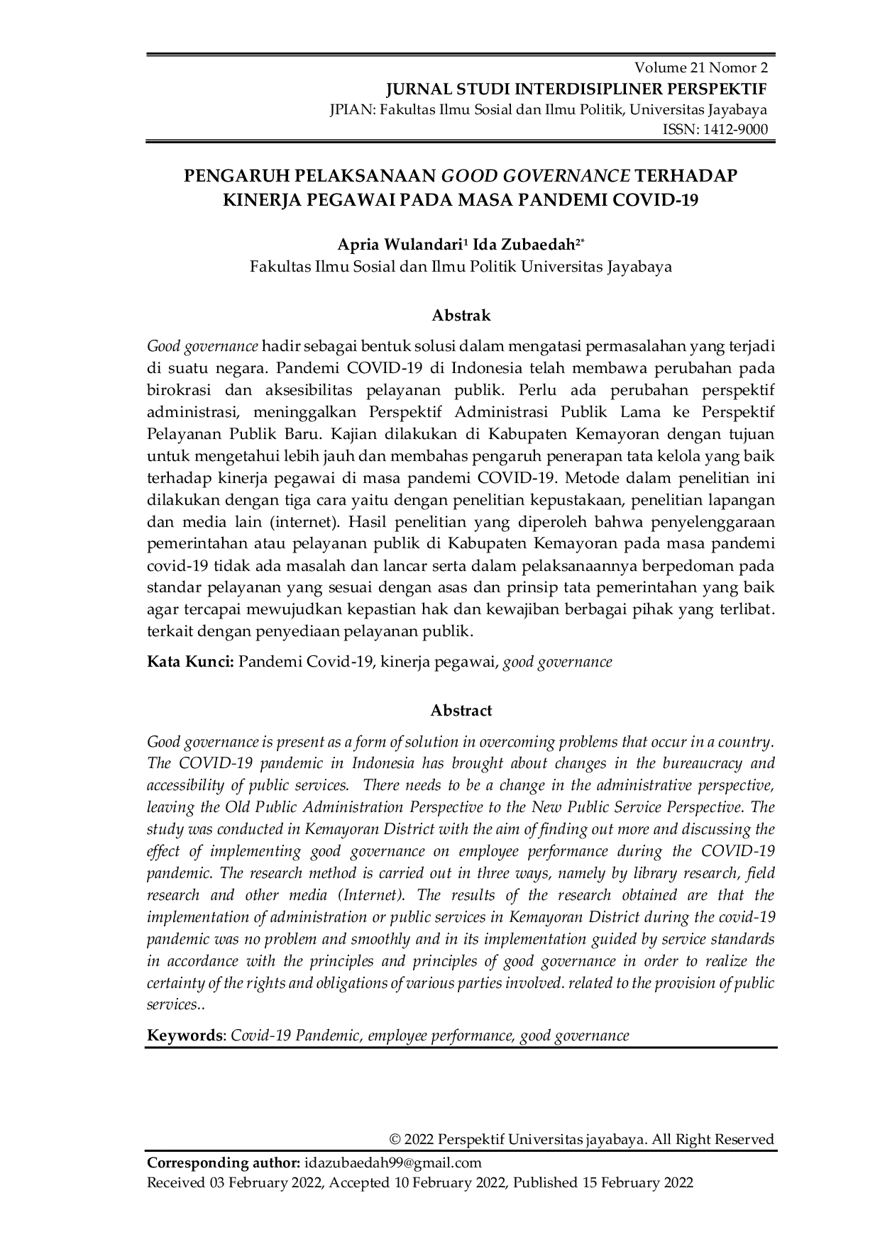JURIS Pengaruh Pelaksanaan Good Governance Terhadap Kinerja Pegawai Pada Masa Pandemi Covid 19