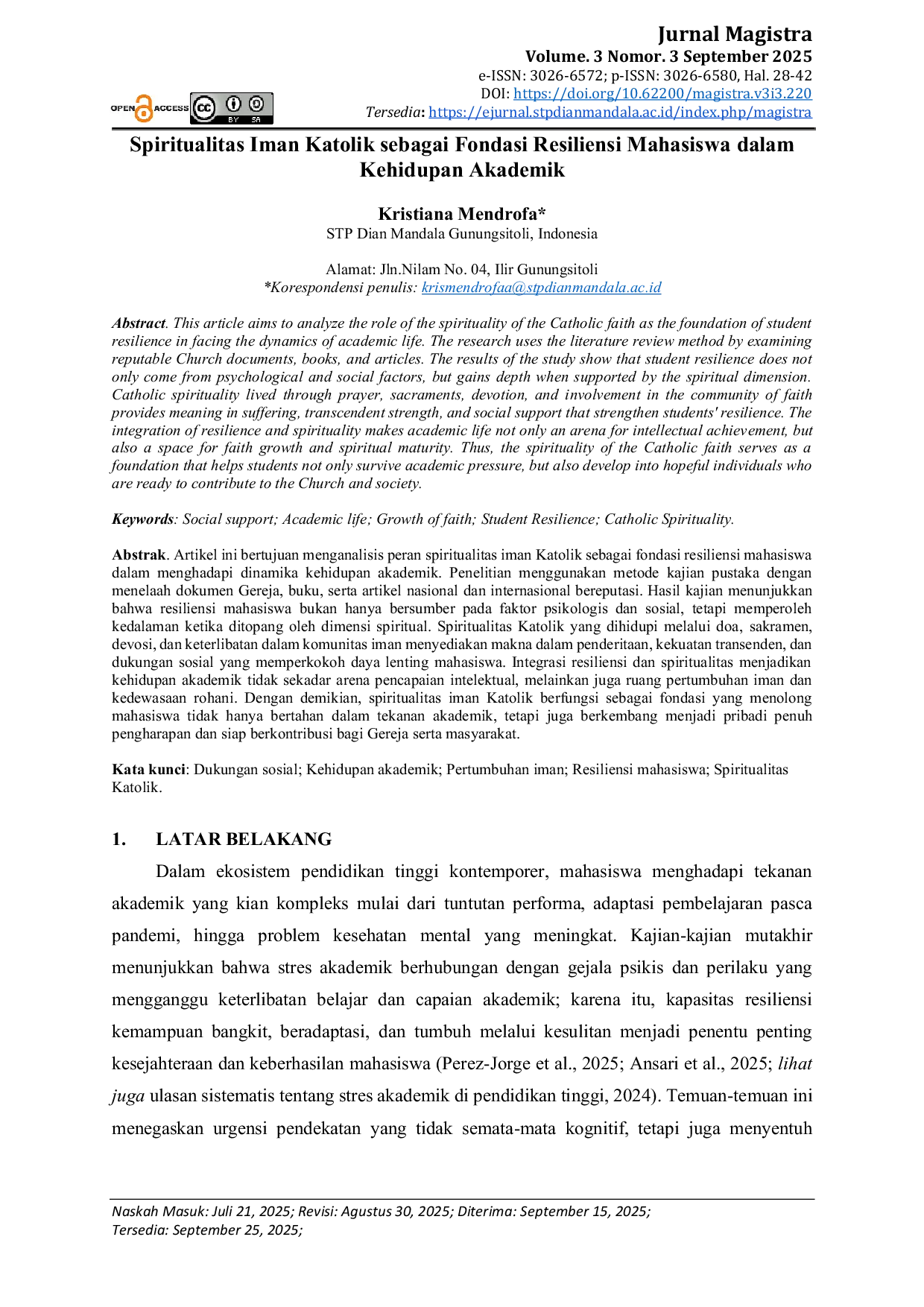 JURIS Spiritualitas Iman Katolik Sebagai Fondasi Resiliensi Mahasiswa dalam Kehidupan Akademik