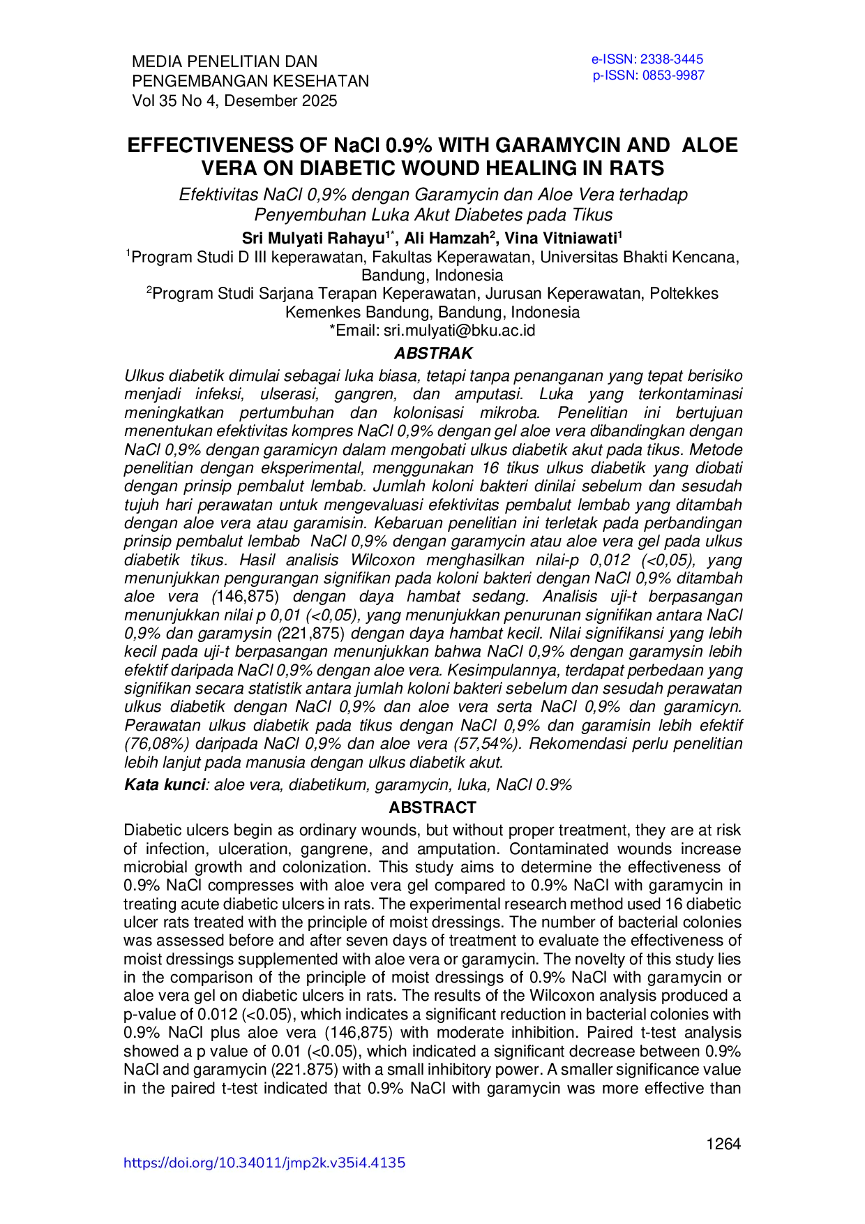 JURIS Effectiveness Of NaCl 0 9 With Garamycin And Aloe Vera On Diabetic Wound Healing In Rats