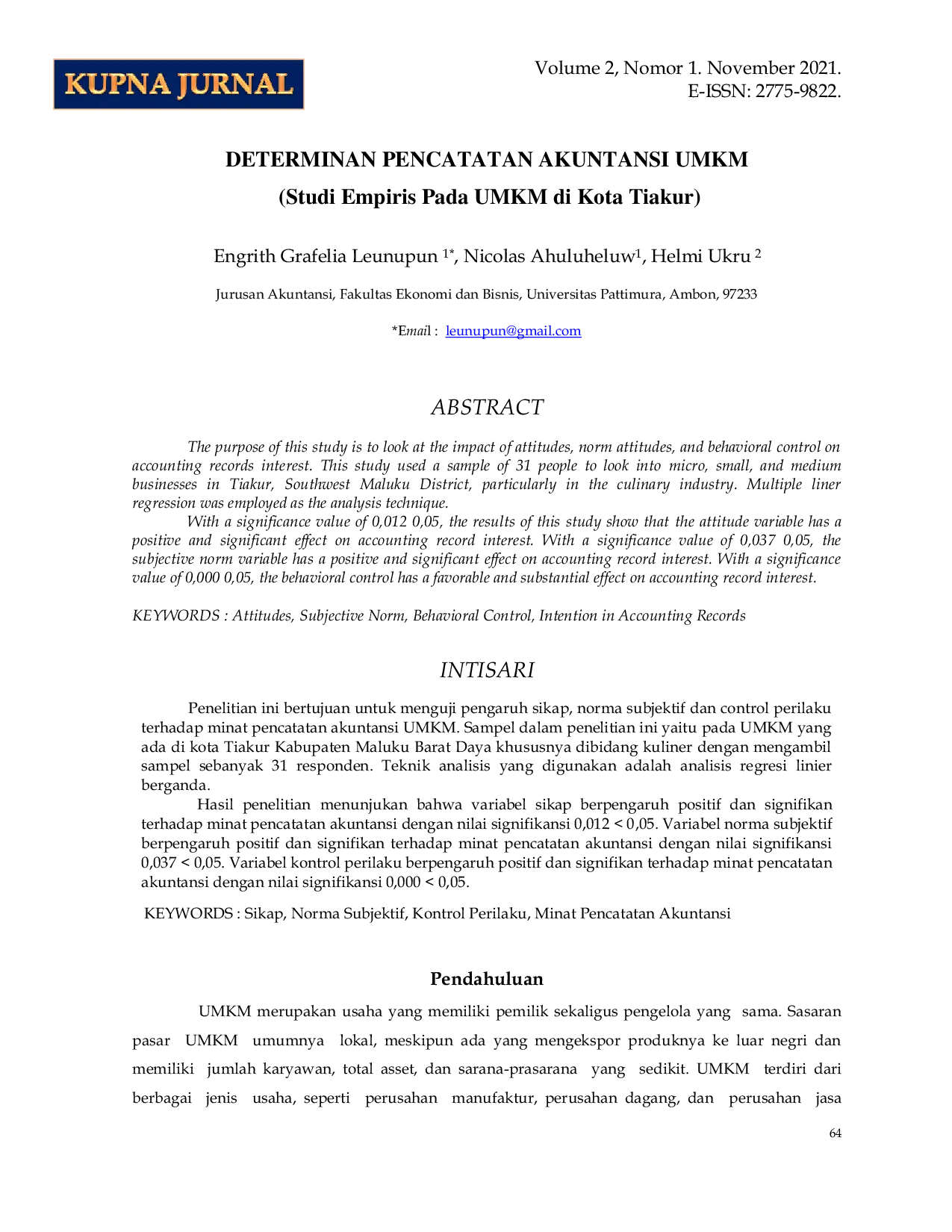 JURIS DETERMINAN PENCATATAN AKUNTANSI UMKM Studi Empiris Pada UMKM di Kota Tiakur