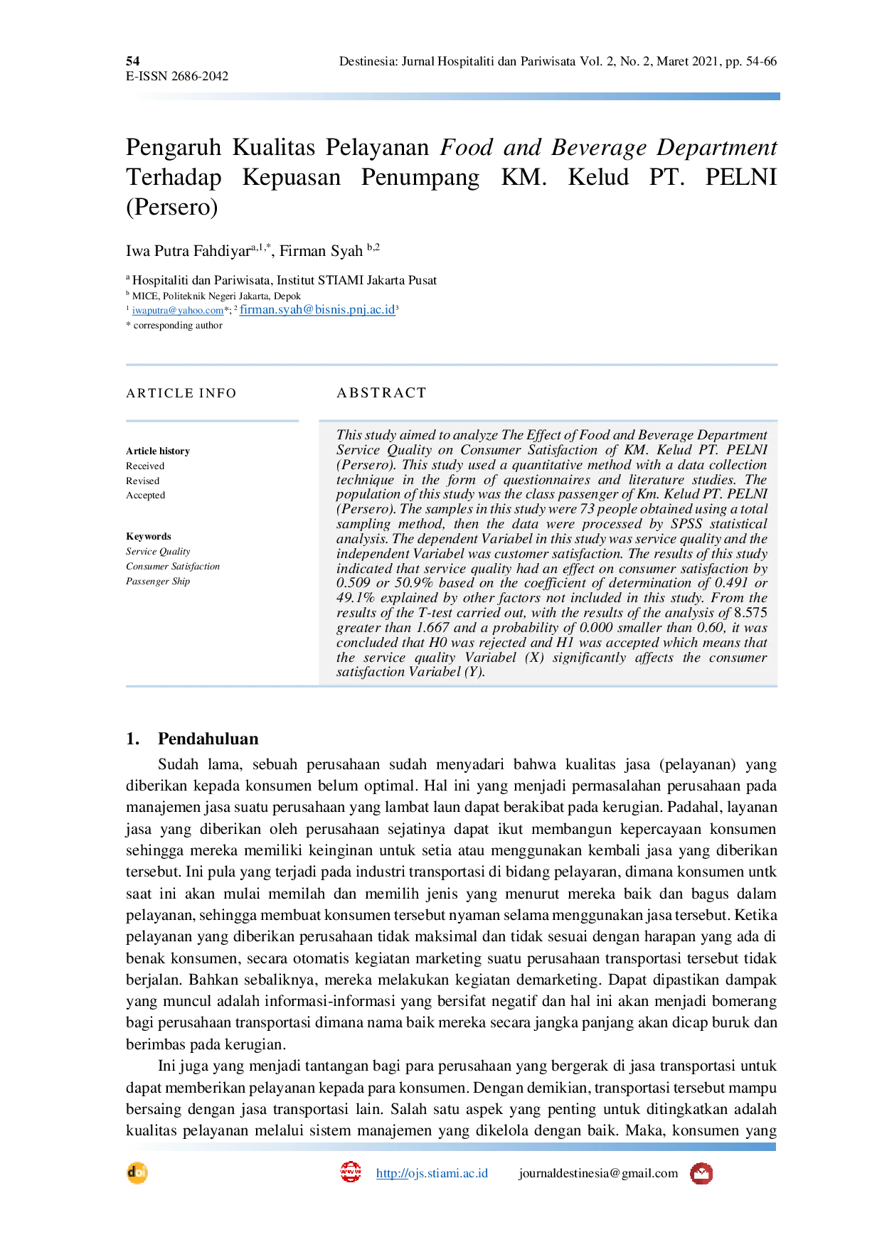 JURIS Pengaruh Kualitas Pelayanan Food and Beverage Department Terhadap Kepuasan Penumpang KM Kelud PT PELNI Persero