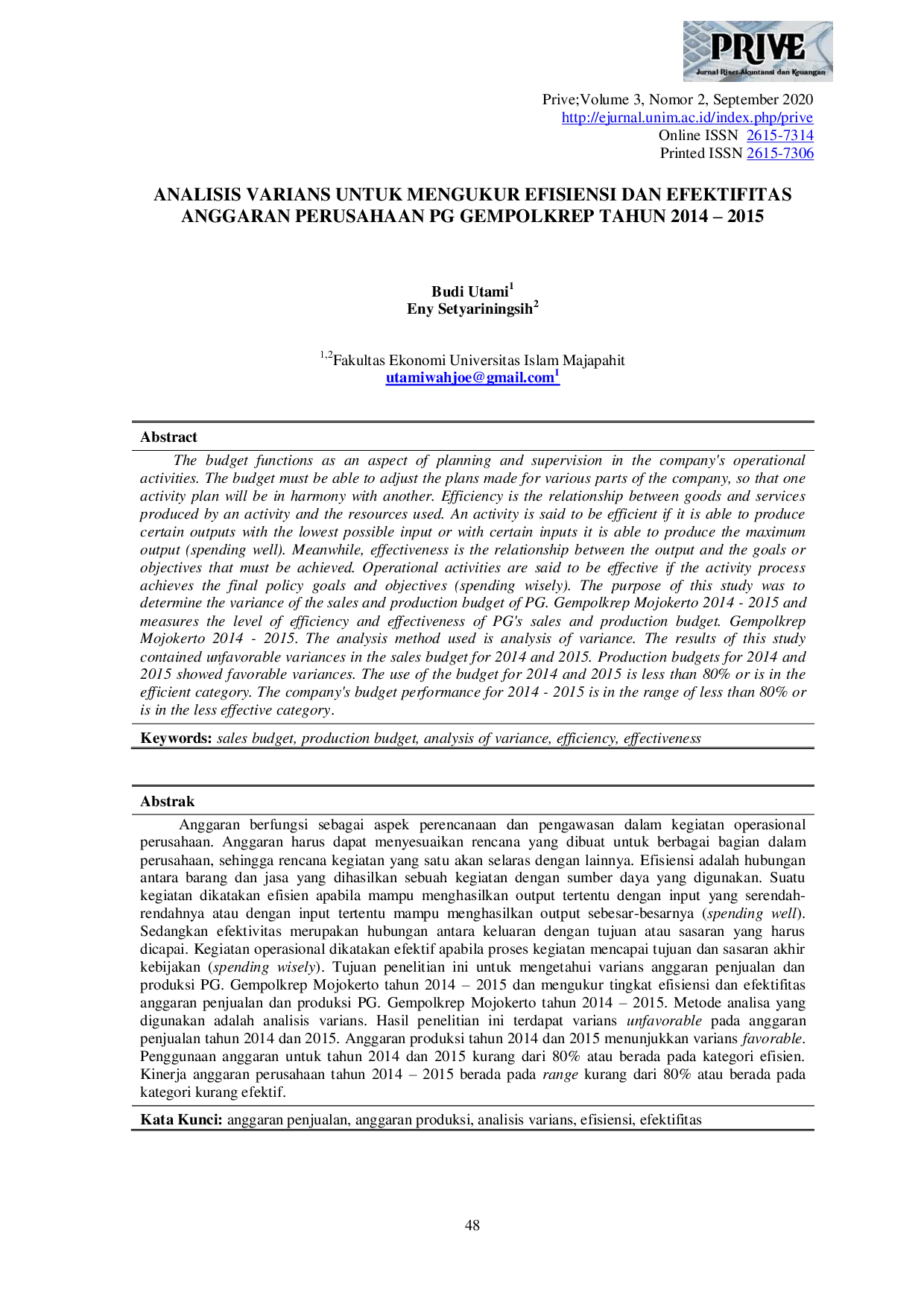 JURIS Analisis Varians Untuk Mengukur Efisiensi dan Efektifitas Anggaran Perusahaan PG Gempolkrep Tahun 2014 2015