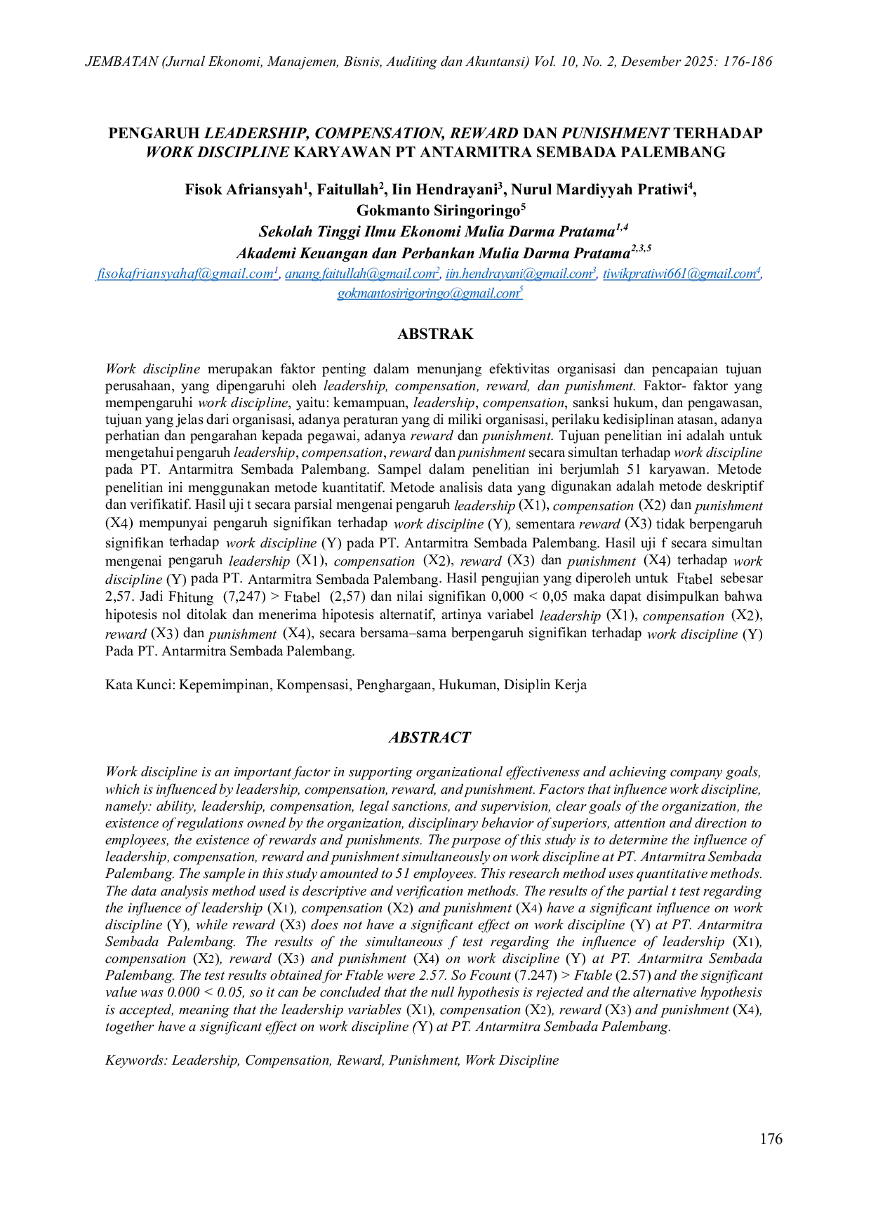 JURIS Pengaruh Leadership Compensation Reward dan Punishment Terhadap Work Discipline Karyawan PT Antarmitra Sembada Palembang