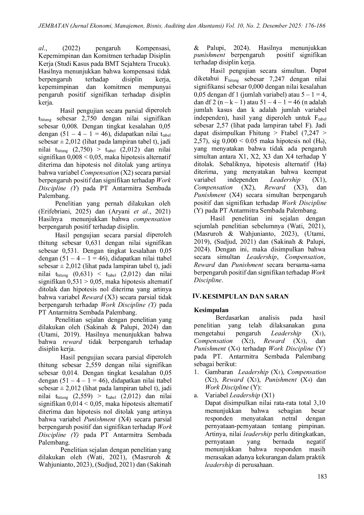 JURIS Pengaruh Leadership Compensation Reward dan Punishment Terhadap Work Discipline Karyawan PT Antarmitra Sembada Palembang