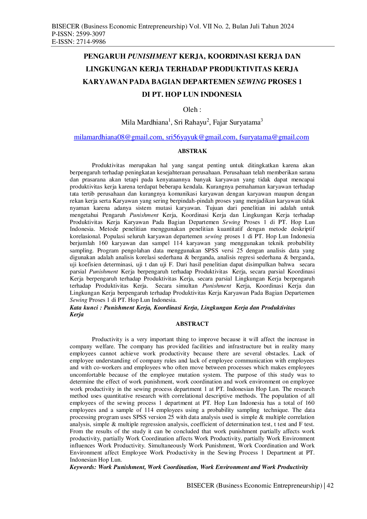 JURIS The Influence of Work Punishment Work Coordination and Work Environment on Employee Work Productivity in the Sewing Process 1 Department at PT Hop Lun Indonesia