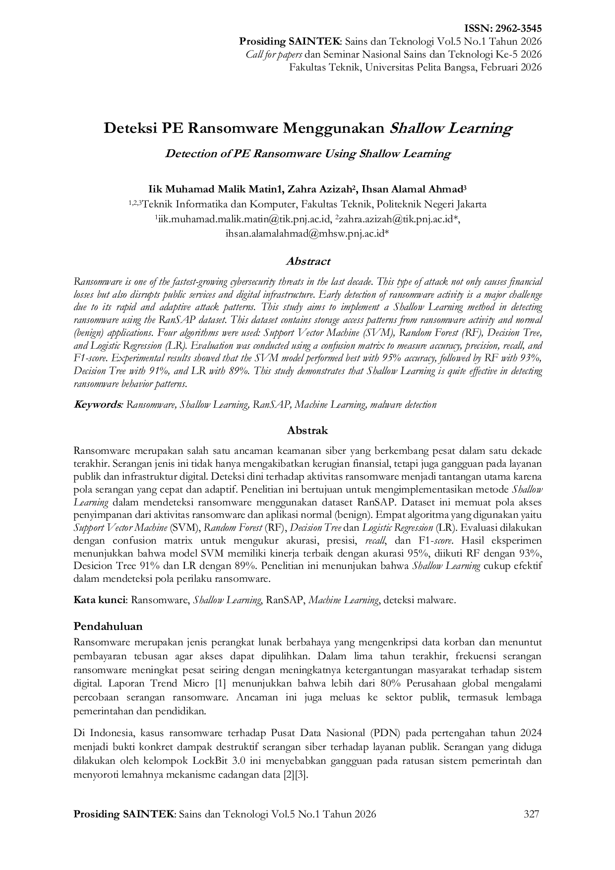 JURIS Deteksi PE Ransomware Menggunakan Shallow Learning