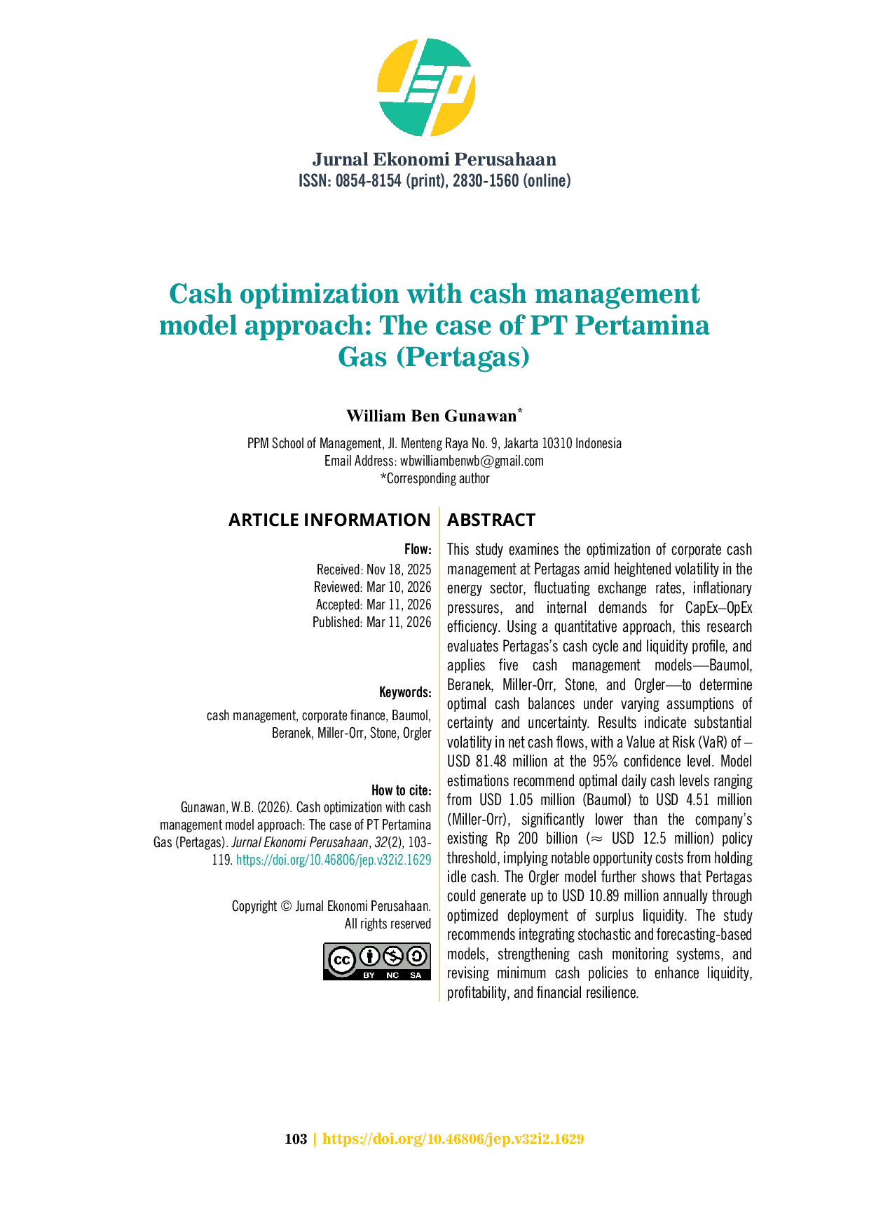 JURIS Cash optimization with cash management model approach The case of PT Pertamina Gas Pertagas