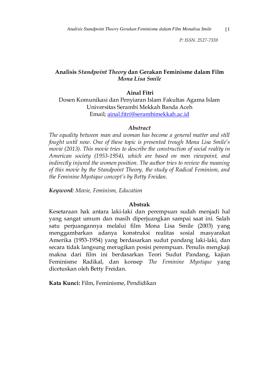 JURIS Analisis Standpoint Theory dan Gerakan Feminisme dalam Film Mona Lisa Smile