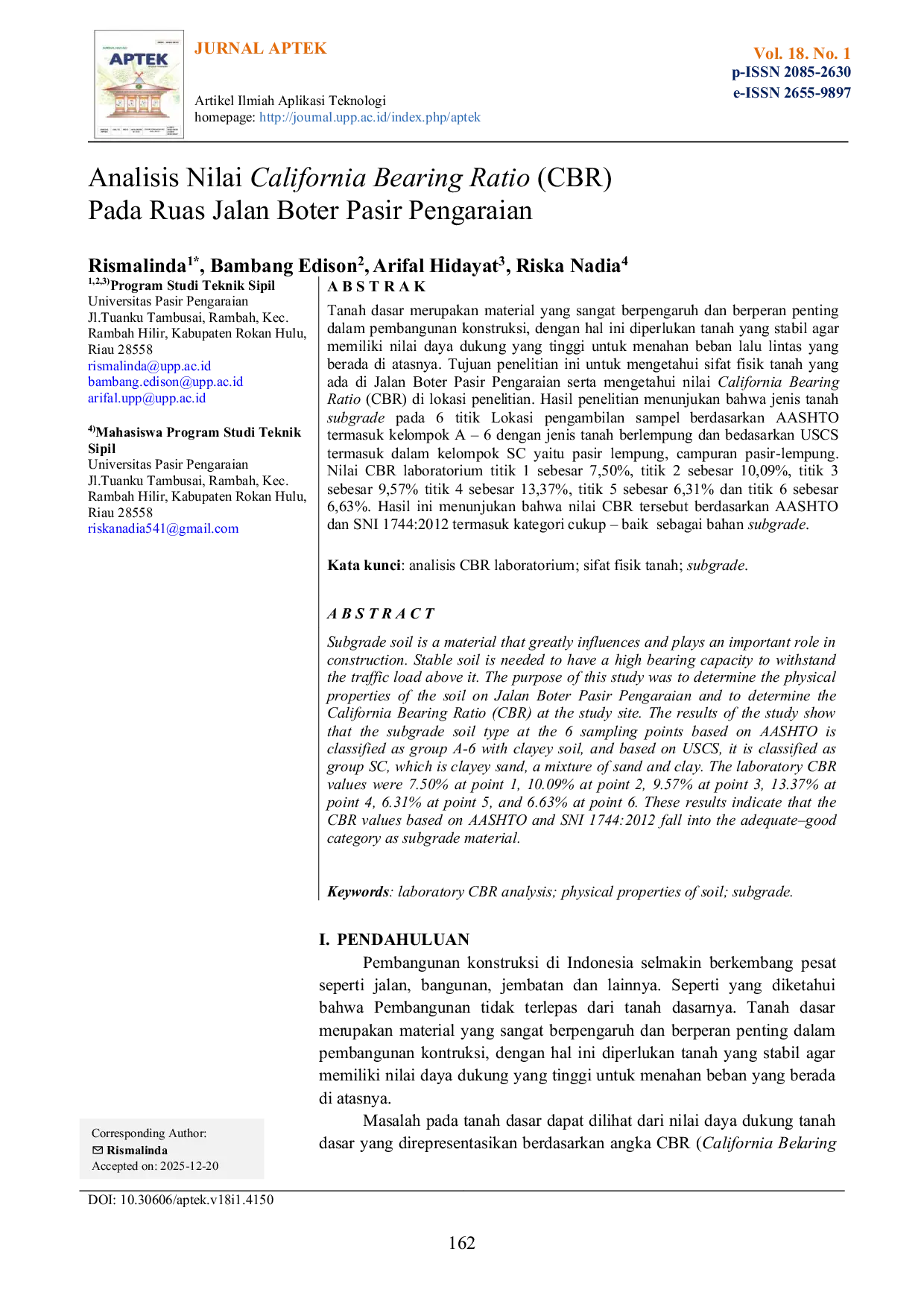 JURIS Analisis Nilai California Bearing Ratio CBR Pada Ruas Jalan Boter Pasir Pengaraian