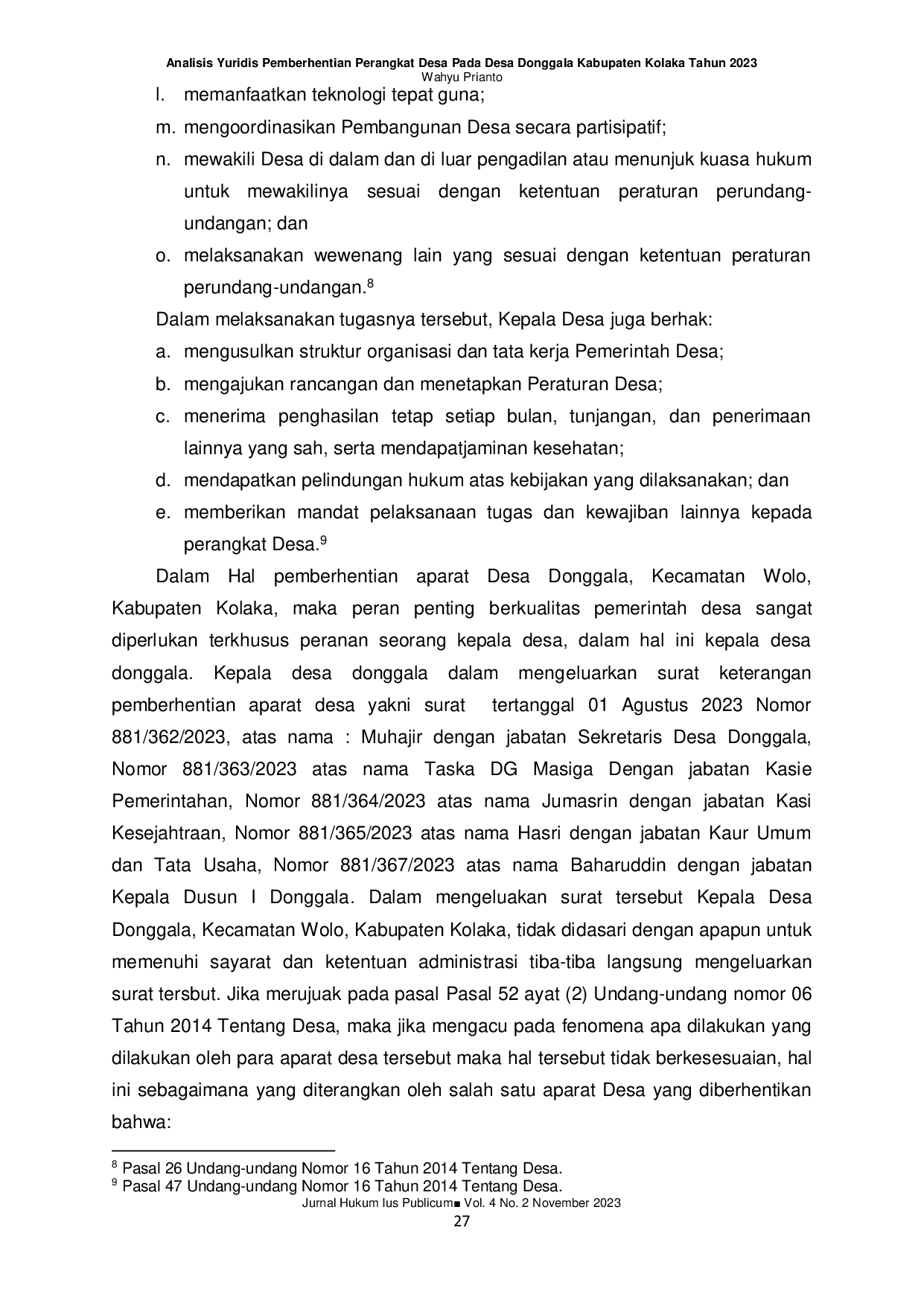 JURIS Analisis Yuridis Pemberhentian Perangkat Desa Pada Desa Donggala Kabupaten Kolaka Tahun 2023