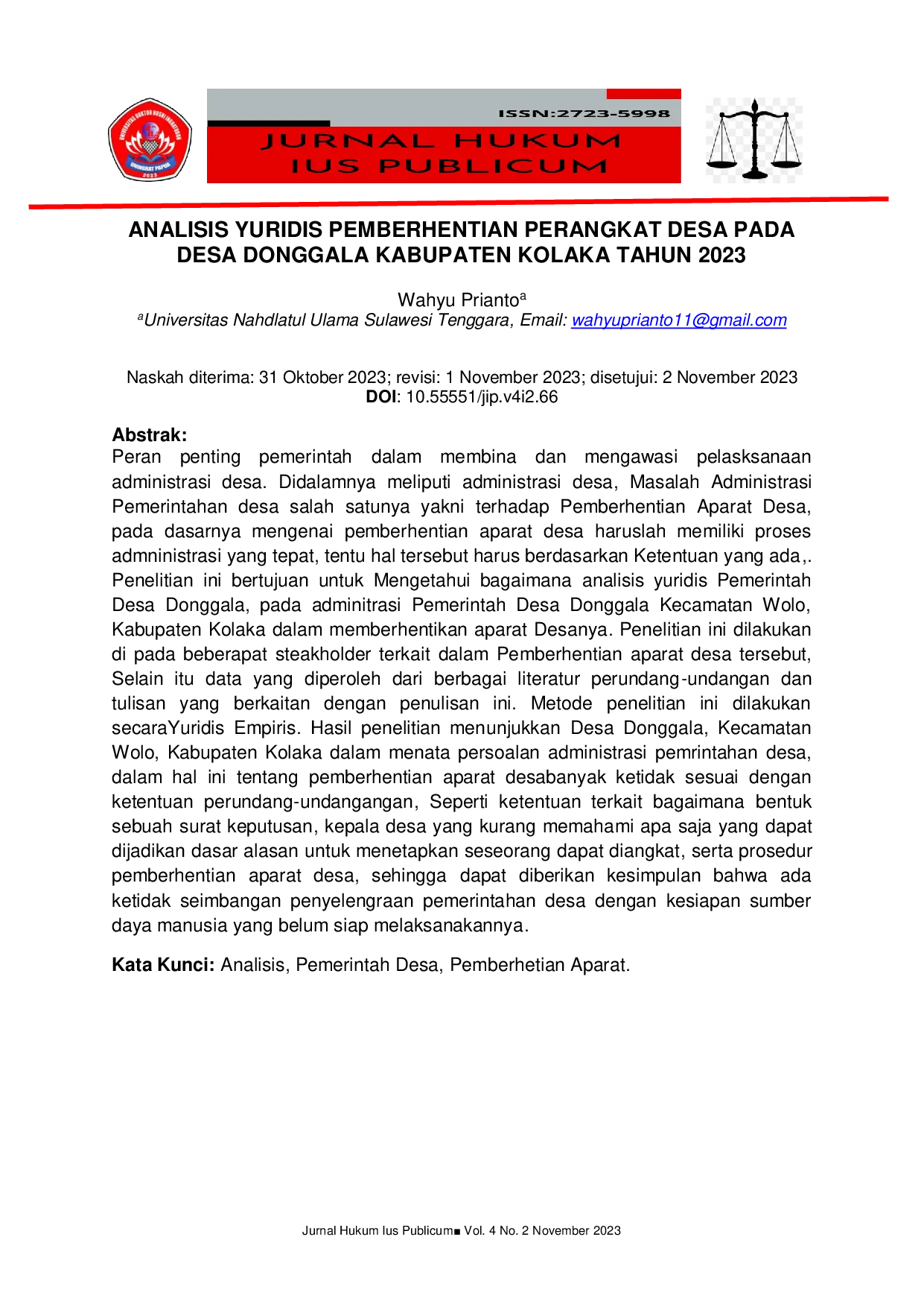JURIS Analisis Yuridis Pemberhentian Perangkat Desa Pada Desa Donggala Kabupaten Kolaka Tahun 2023