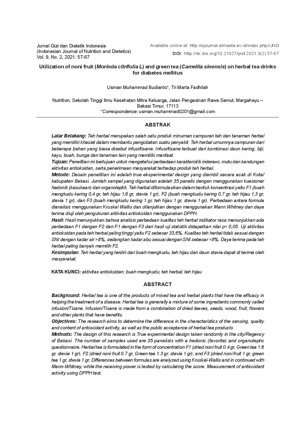 juris Utilization of noni fruit Morinda citrifolia L and green tea Camellia sinensis on herbal tea drinks for diabetes mellitus