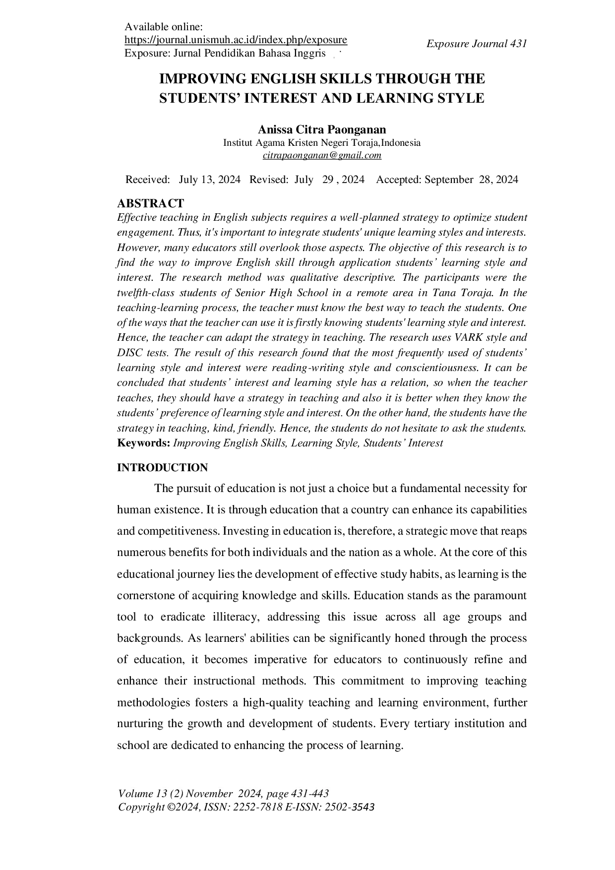 JURIS Improving English Skills Through the Students Interest and Learning Style