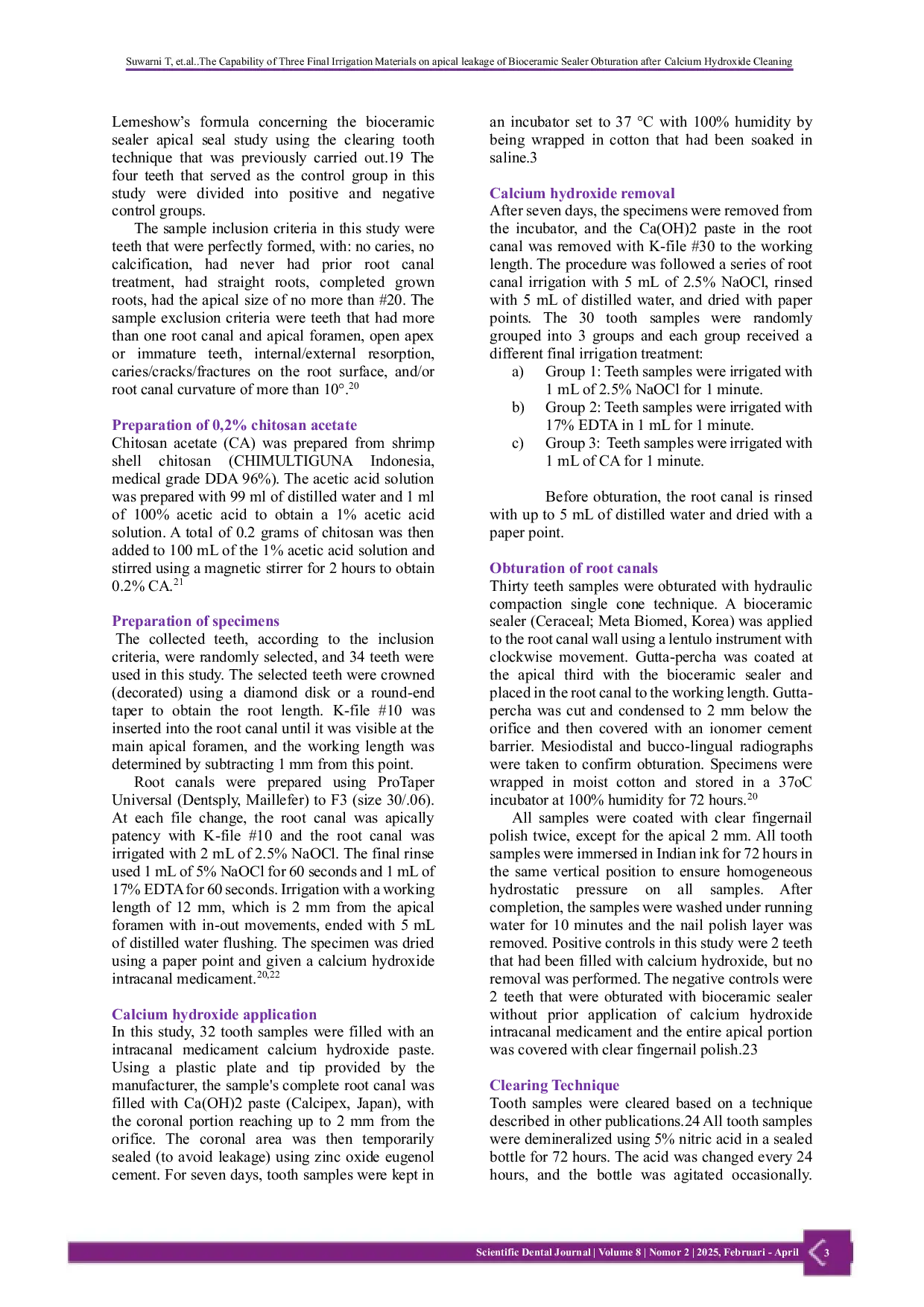 JURIS The Capability of Three Final Irrigation Materials on apical leakage of Bioceramic Sealer Obturation after Calcium Hydroxide Cleaning