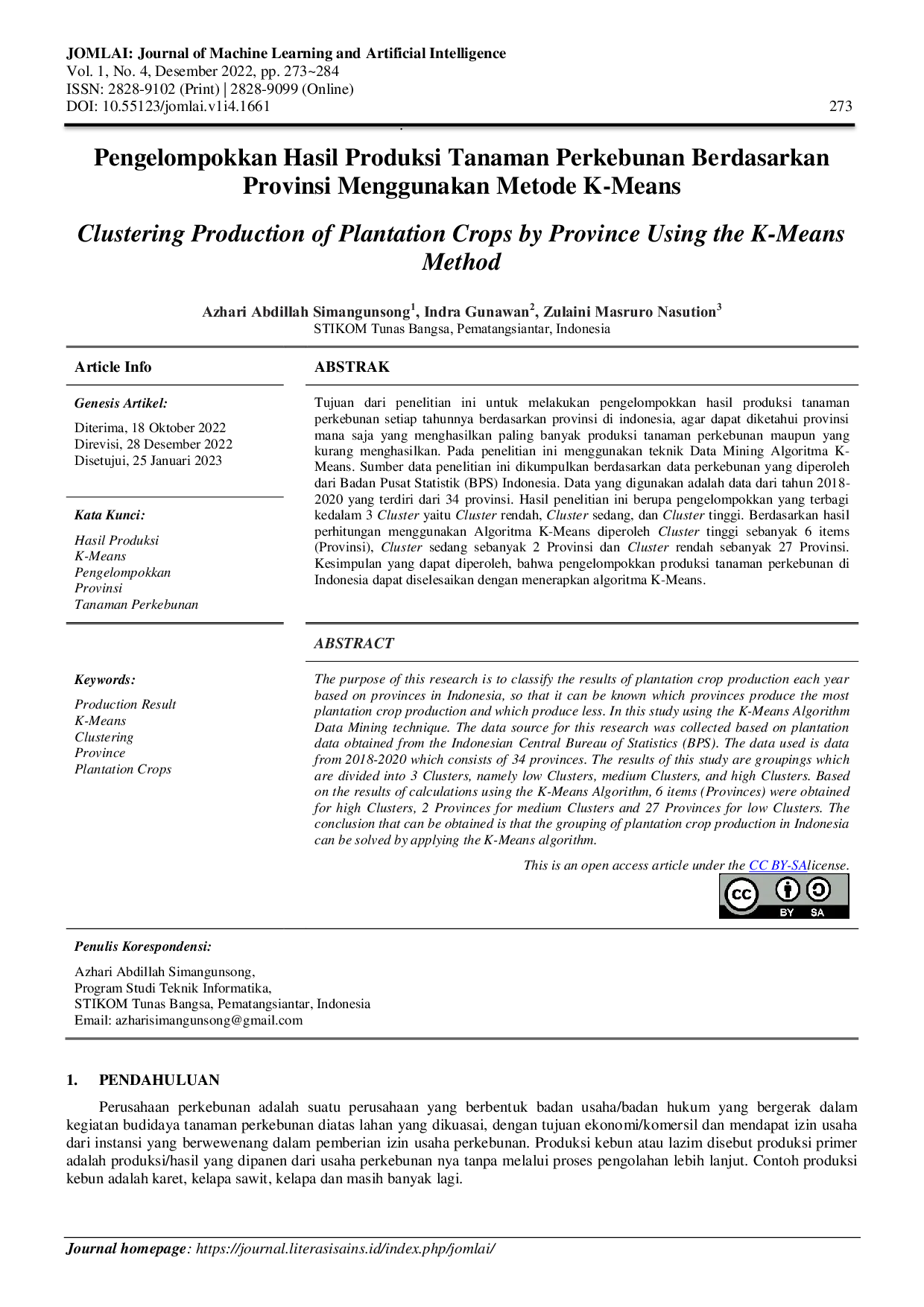JURIS Pengelompokkan Hasil Produksi Tanaman Perkebunan Berdasarkan Provinsi Menggunakan Metode K Means