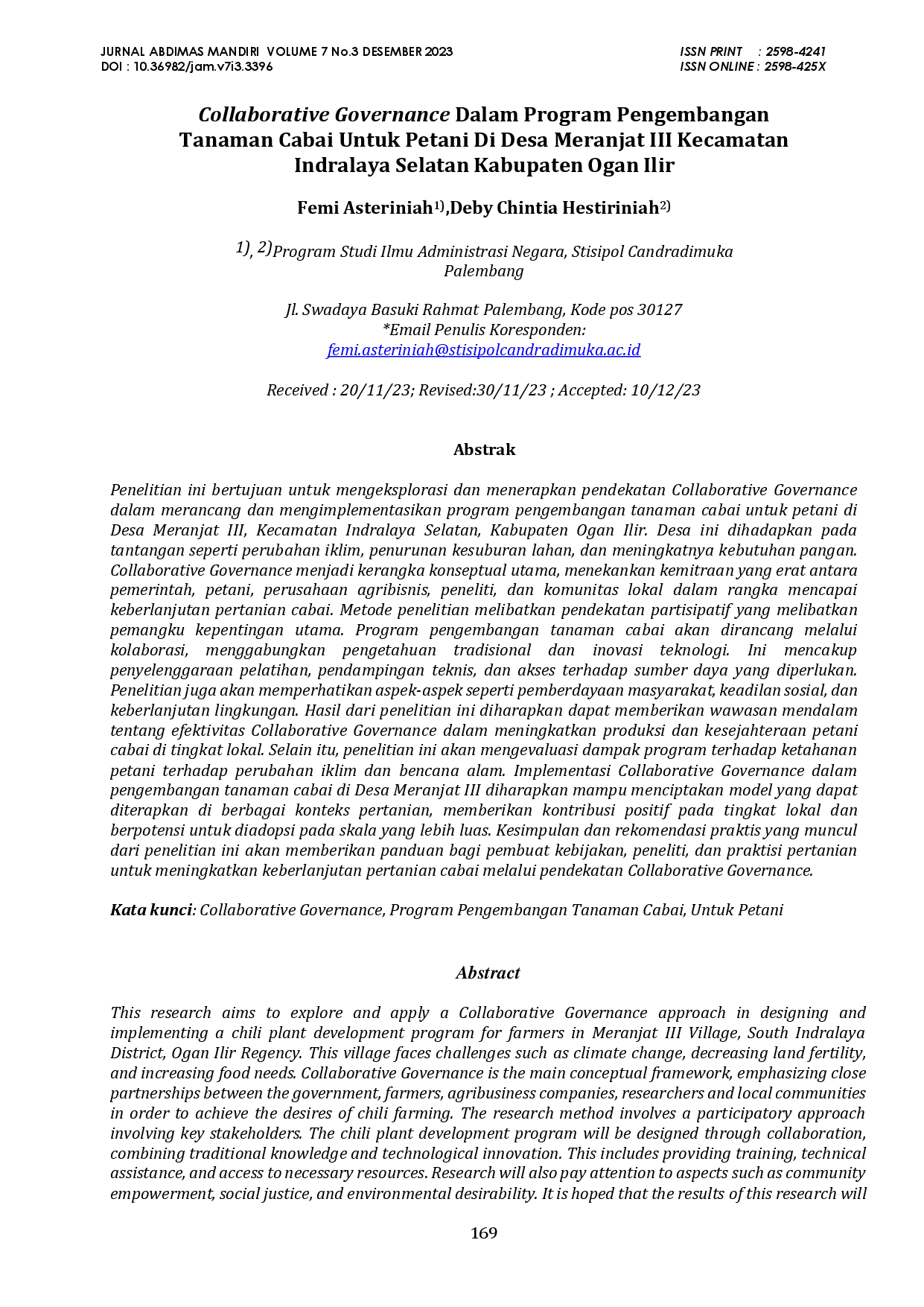 juris Collaborative Governance Dalam Program Pengembangan Tanaman Cabai Untuk Petani Di Desa Meranjat III Kecamatan Indralaya Selatan Kabupaten Ogan Ilir