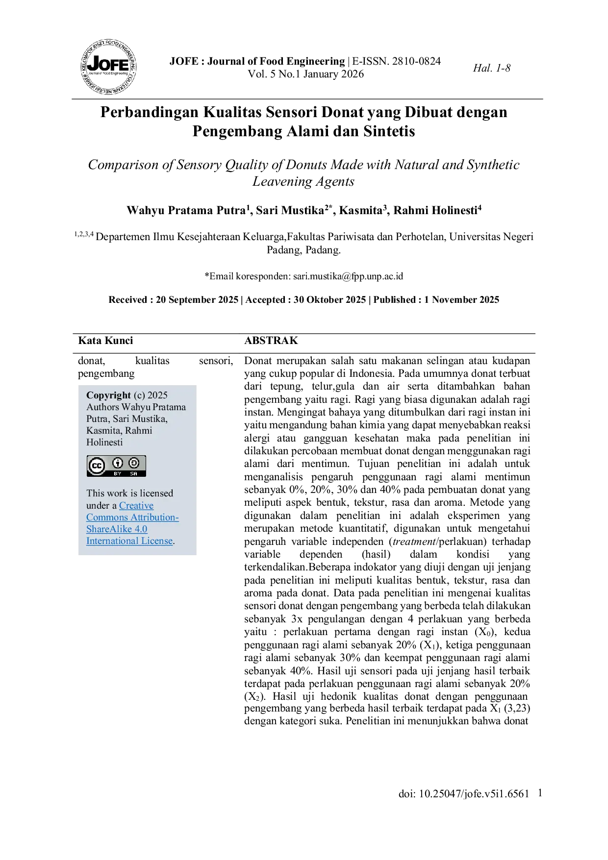 JURIS Perbandingan Kualitas Sensori Donat yang Dibuat dengan Pengembang Alami dan Sintetis Comparison of Sensory Quality of Donuts Made with Natural and Synthetic Leavening Agents