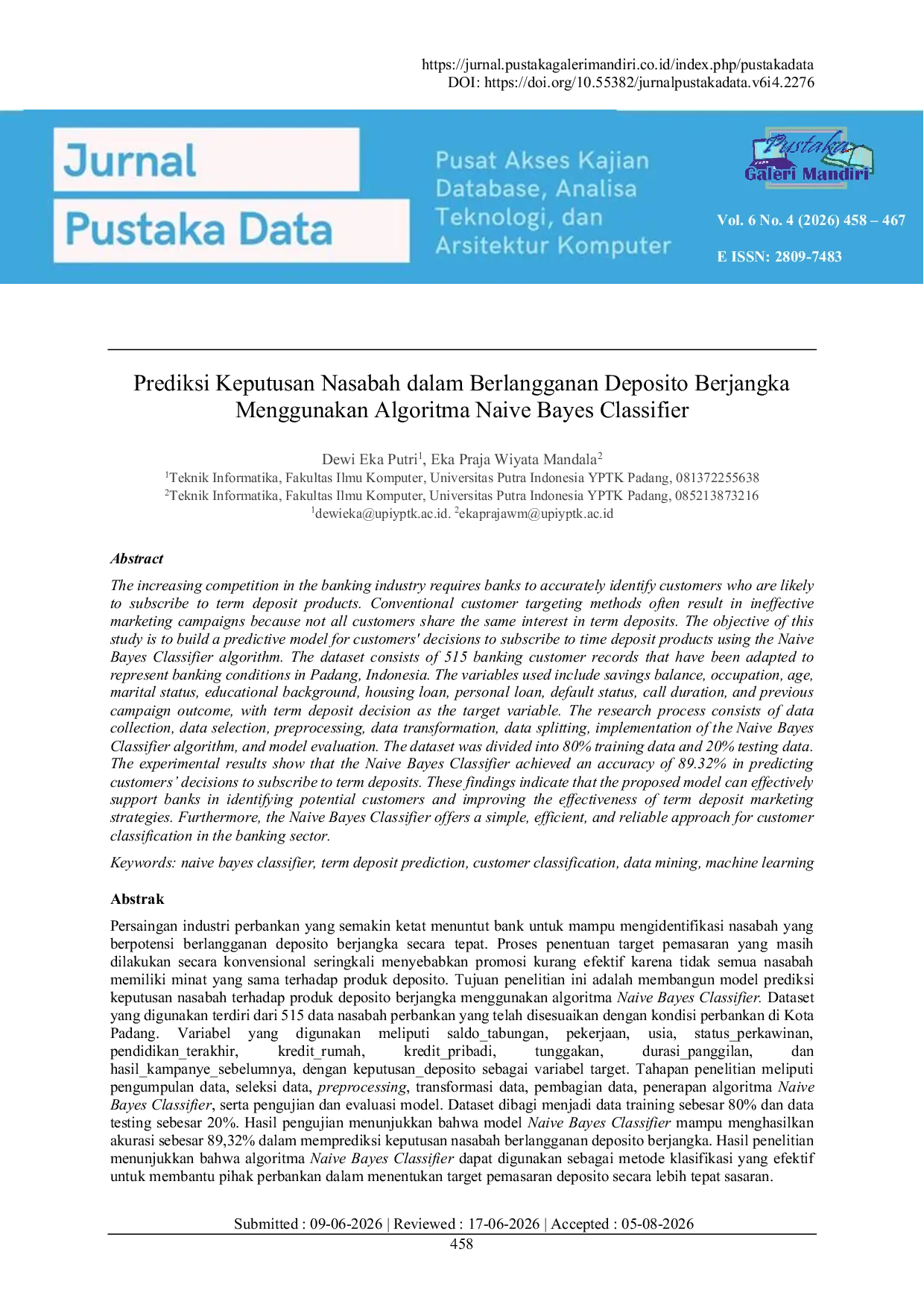 JURIS Prediksi Keputusan Nasabah Dalam Berlangganan Deposito Berjangka Menggunakan Algoritma Naive Bayes Classifier