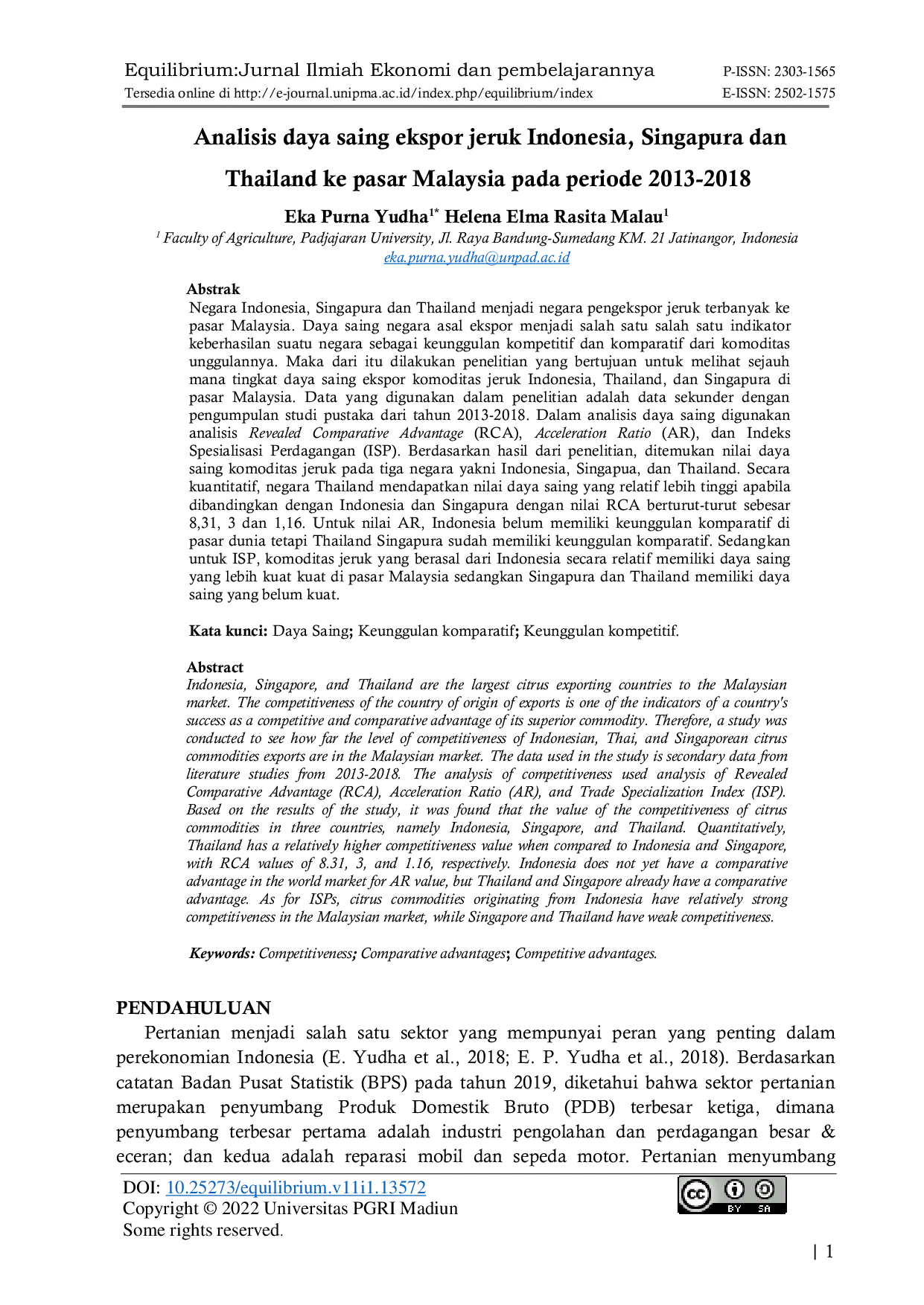 JURIS Analisis daya saing ekspor jeruk Indonesia Singapura dan Thailand ke pasar Malaysia pada periode 2013 2018