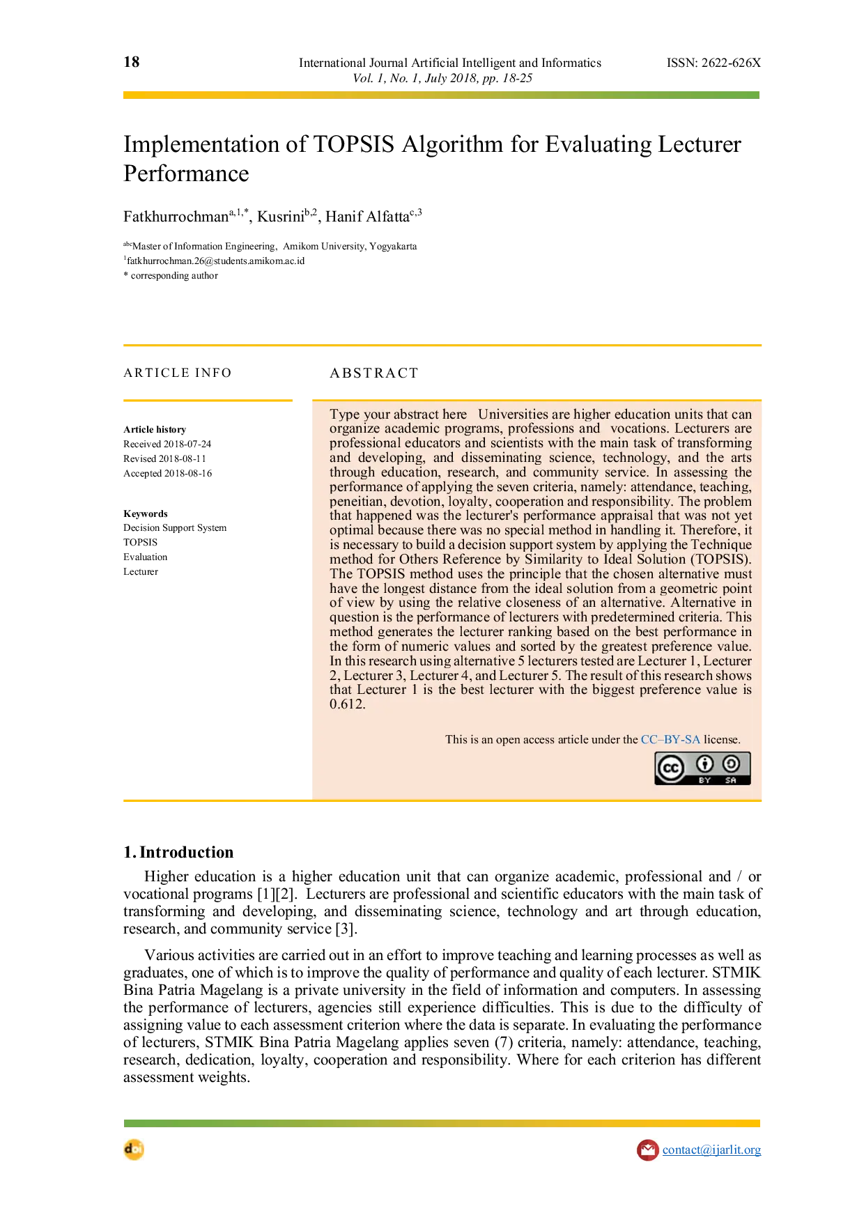 JURIS Implementation of topsis algorithm for evaluating lecturer performance