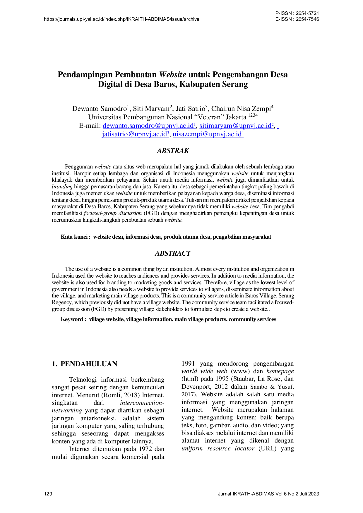 JURIS Pendampingan Pembuatan Website untuk Pengembangan Desa Digital di Desa Baros Kabupaten Serang