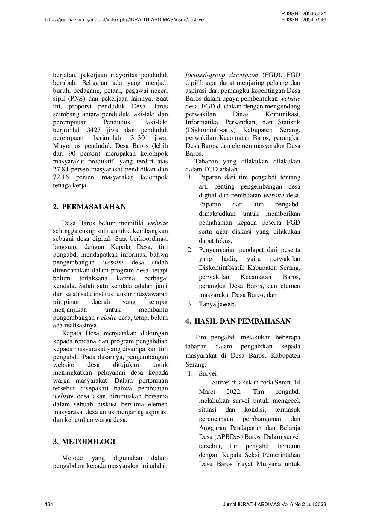 JURIS Pendampingan Pembuatan Website untuk Pengembangan Desa Digital di Desa Baros Kabupaten Serang