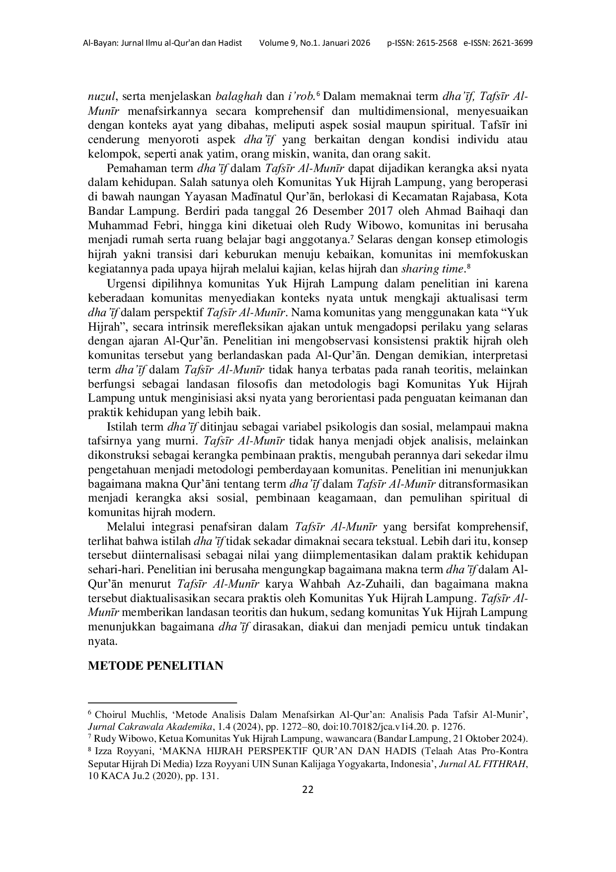 JURIS Term Dha if Dalam Tafsir Al Munir Karya Wahbah Az Zuhaili Studi Kasus Komunitas Yuk Hijrah Lampung