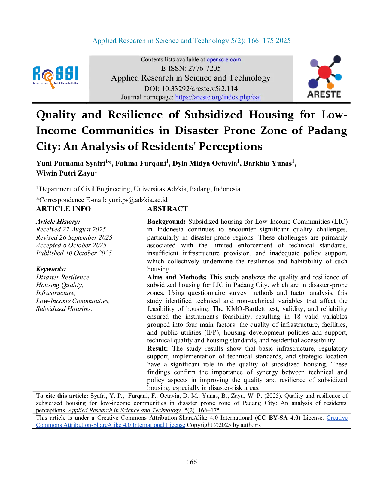 JURIS Quality and Resilience of Subsidized Housing for Low Income Communities in Disaster Prone Zone of Padang City An Analysis of Residents Perceptions