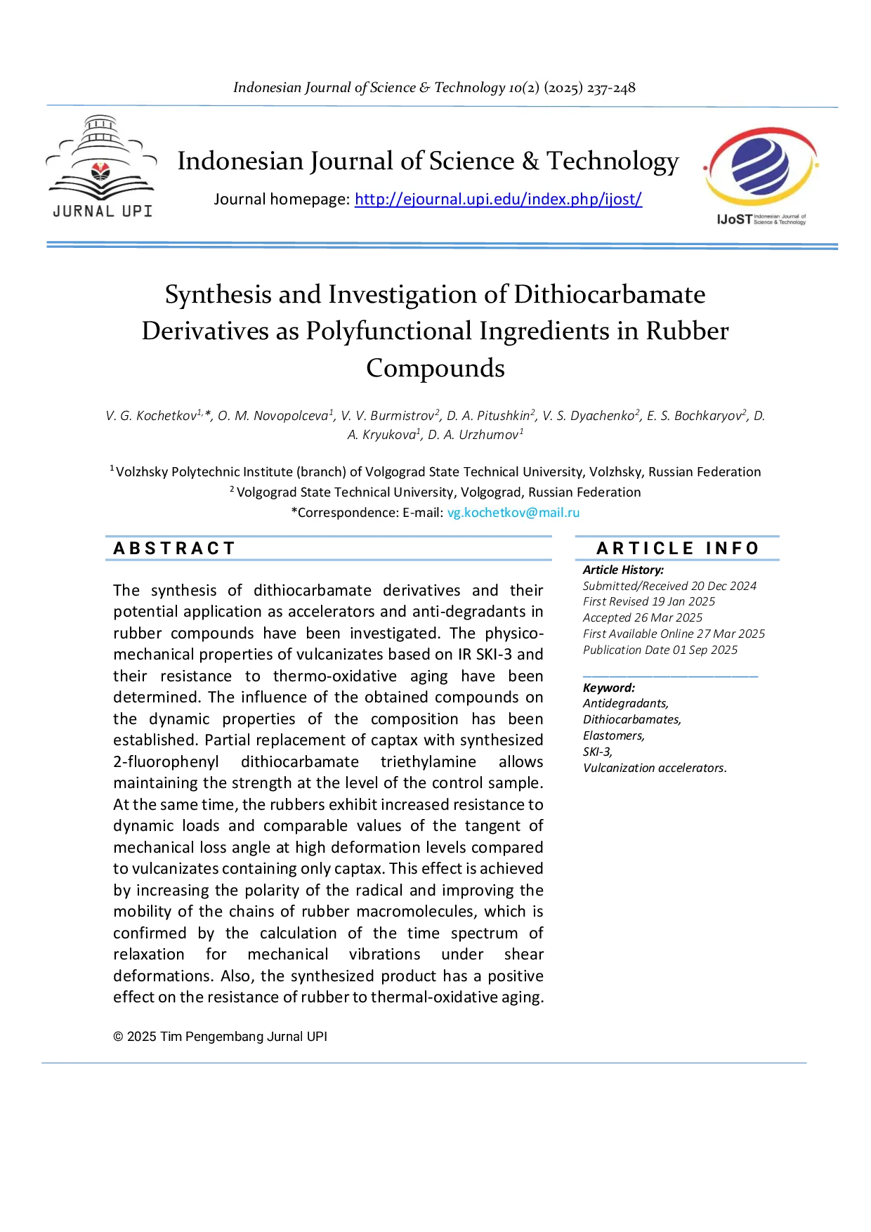 JURIS Synthesis and Investigation of Dithiocarbamate Derivatives as Polyfunctional Ingredients in Rubber Compounds