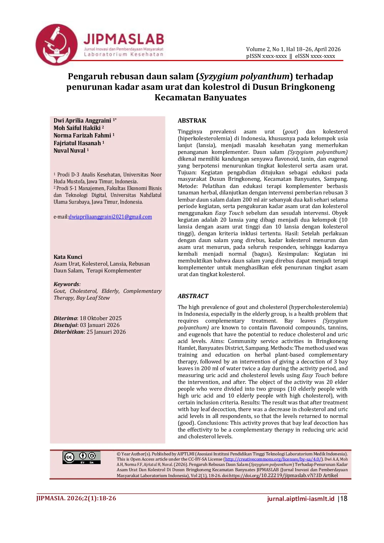 JURIS Pengaruh rebusan daun salam Syzygium polyanthum terhadap penurunan kadar asam urat dan kolestrol di Dusun Bringkoneng Kecamatan Banyuates