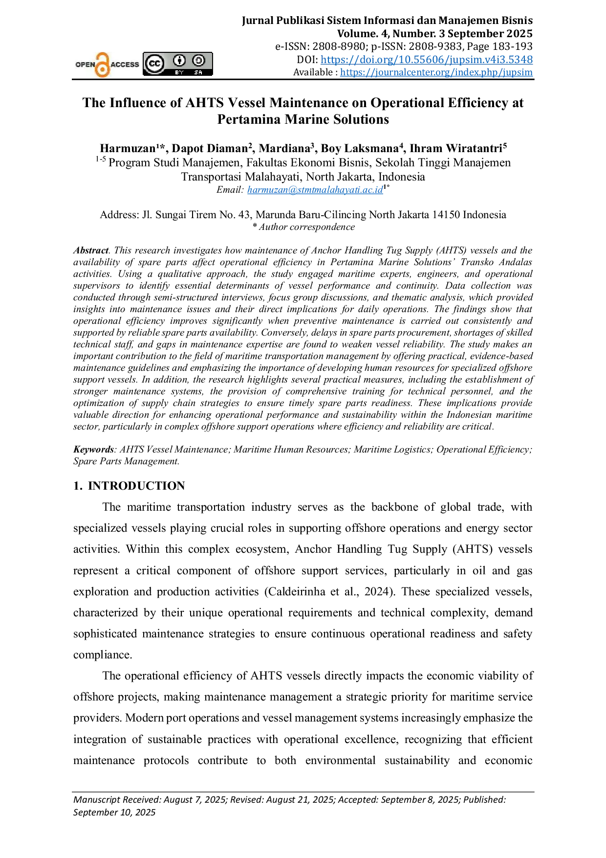 JURIS The Influence of AHTS Vessel Maintenance on Operational Efficiency at Pertamina Marine Solutions