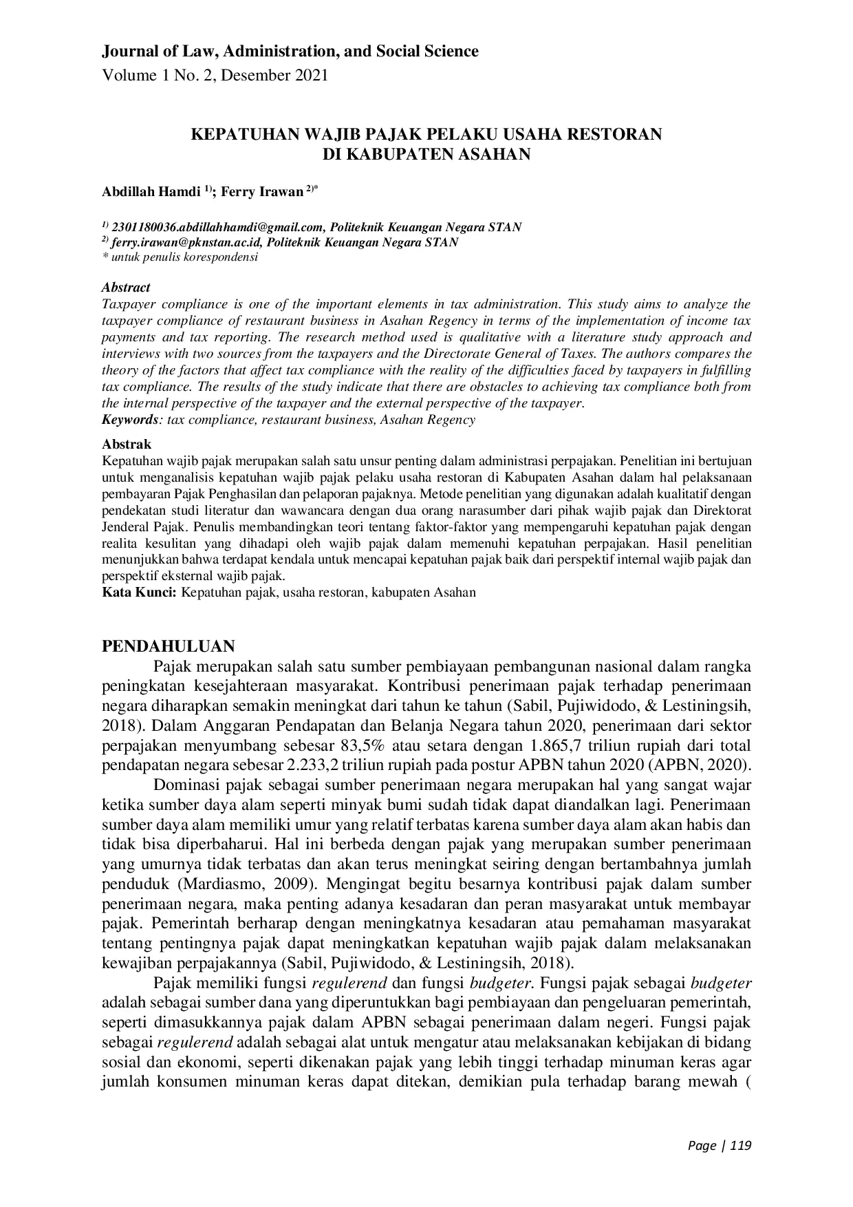 JURIS Kepatuhan Wajib Pajak Pelaku Usaha Restoran Di Kabupaten Asahan